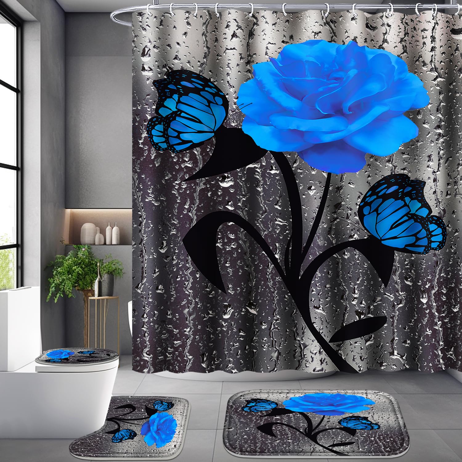 Poedist 4 Pcs Blue Rose Bathroom Set Floral Shower Curtain Rugs Bath Mat U Shape Toilet Lid Cover and 12 Hooks