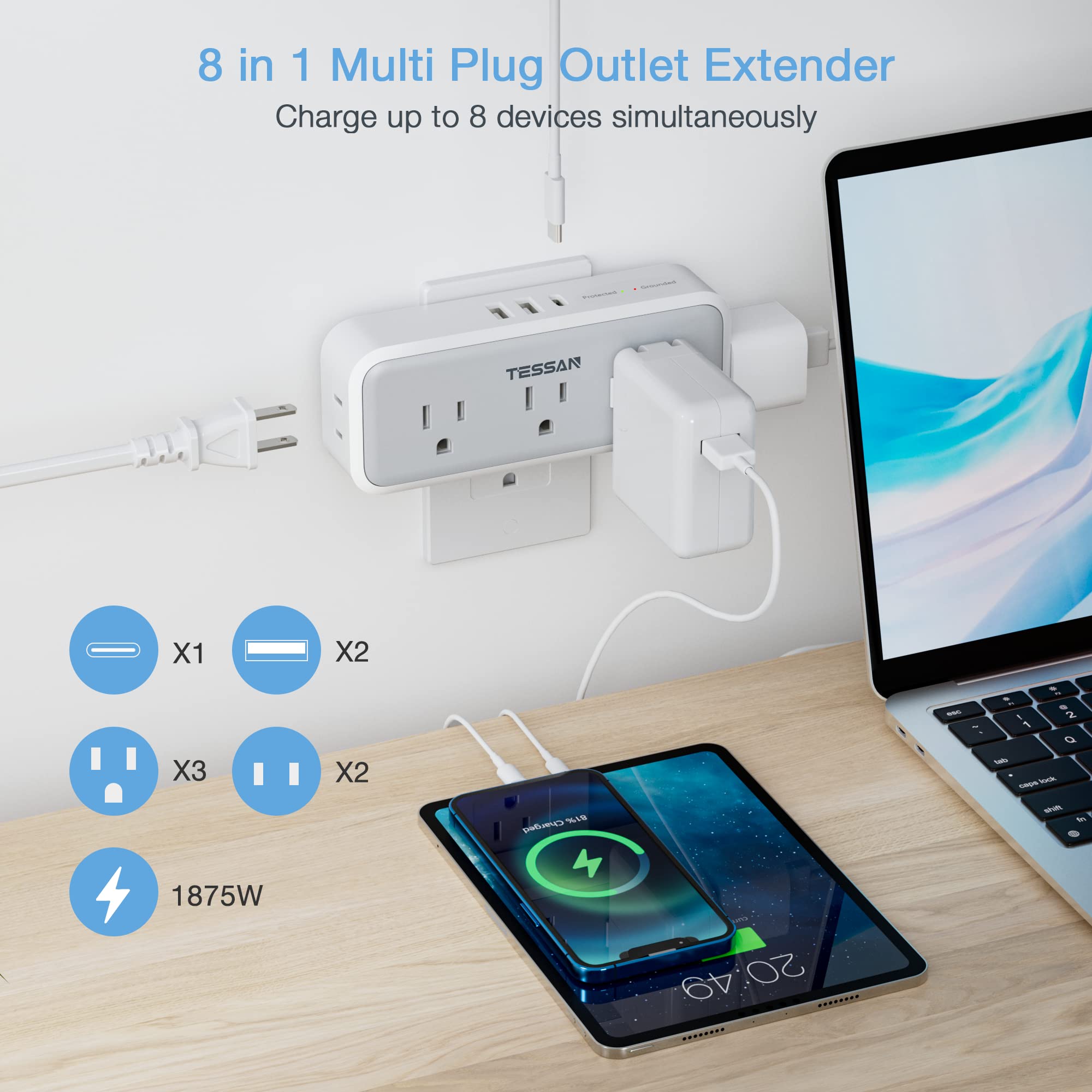 TESSAN Multi Plug Outlet Extender, USB C Wall Charger, TESSAN Wall Plug Splitter with 5 Outlets and 3 USB, Electrical Power Expander with Surge Protector - View 2 of 5