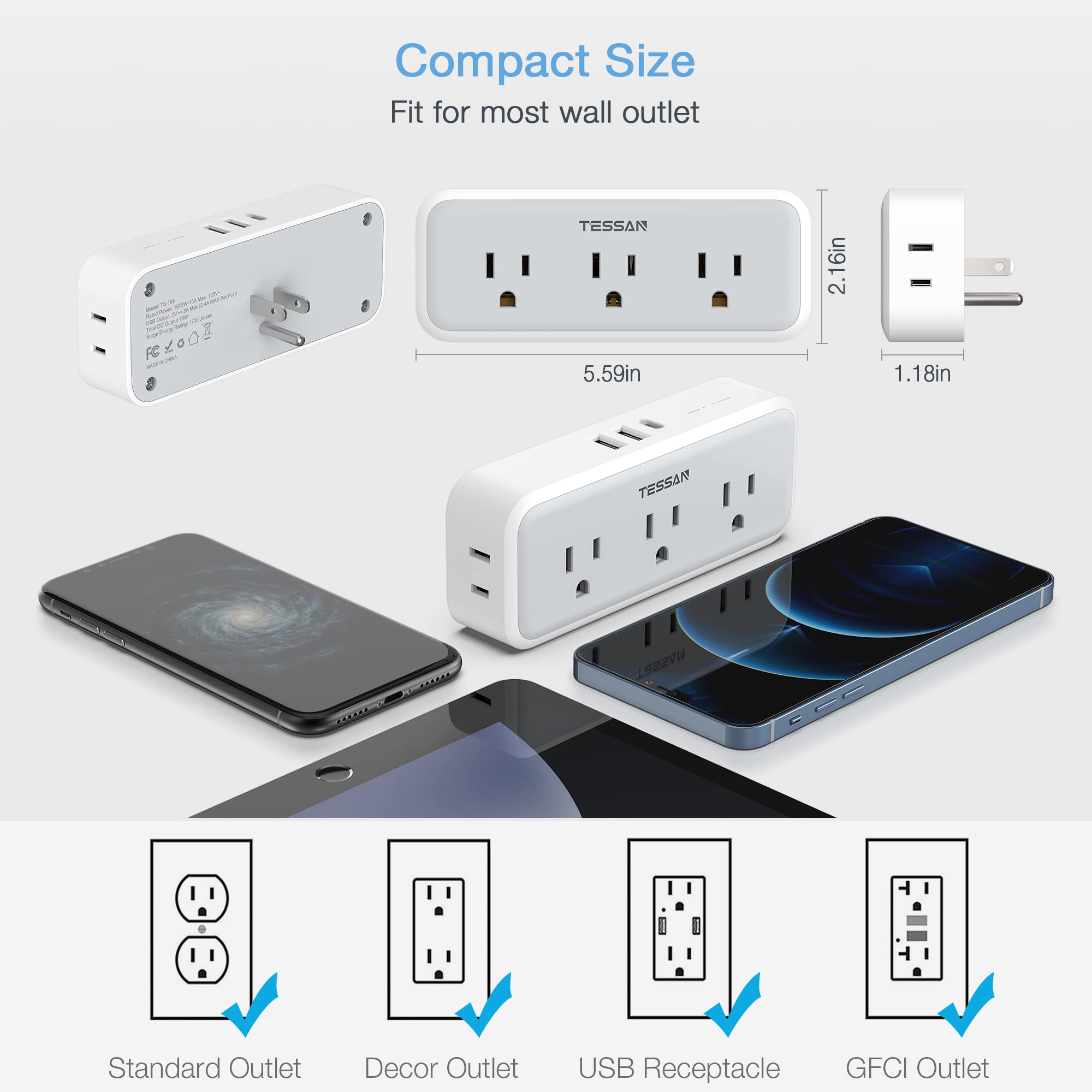 TESSAN Multi Plug Outlet Extender, USB C Wall Charger, TESSAN Wall Plug Splitter with 5 Outlets and 3 USB, Electrical Power Expander with Surge Protector - View 4 of 5