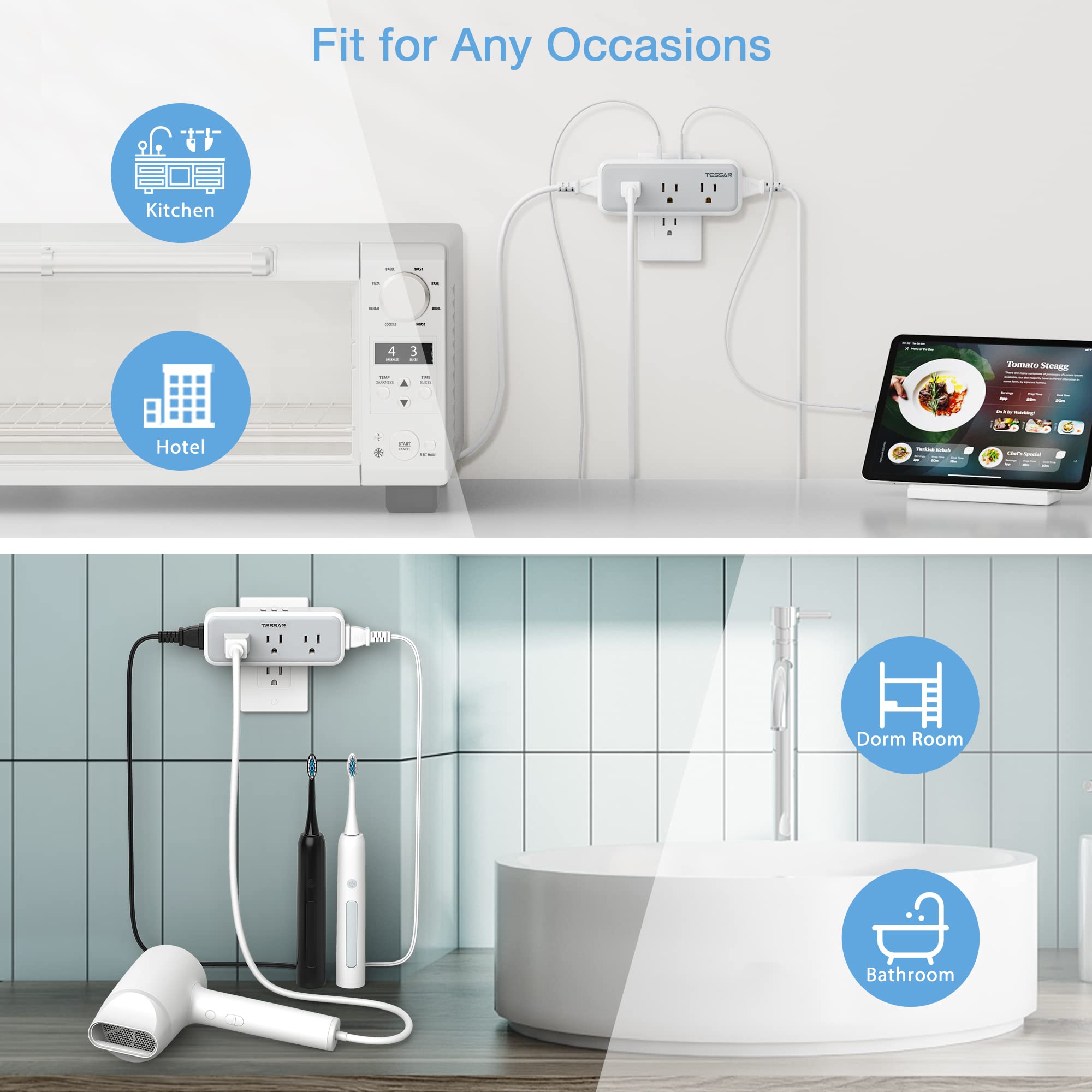 TESSAN Multi Plug Outlet Extender, USB C Wall Charger, TESSAN Wall Plug Splitter with 5 Outlets and 3 USB, Electrical Power Expander with Surge Protector - View 5 of 5