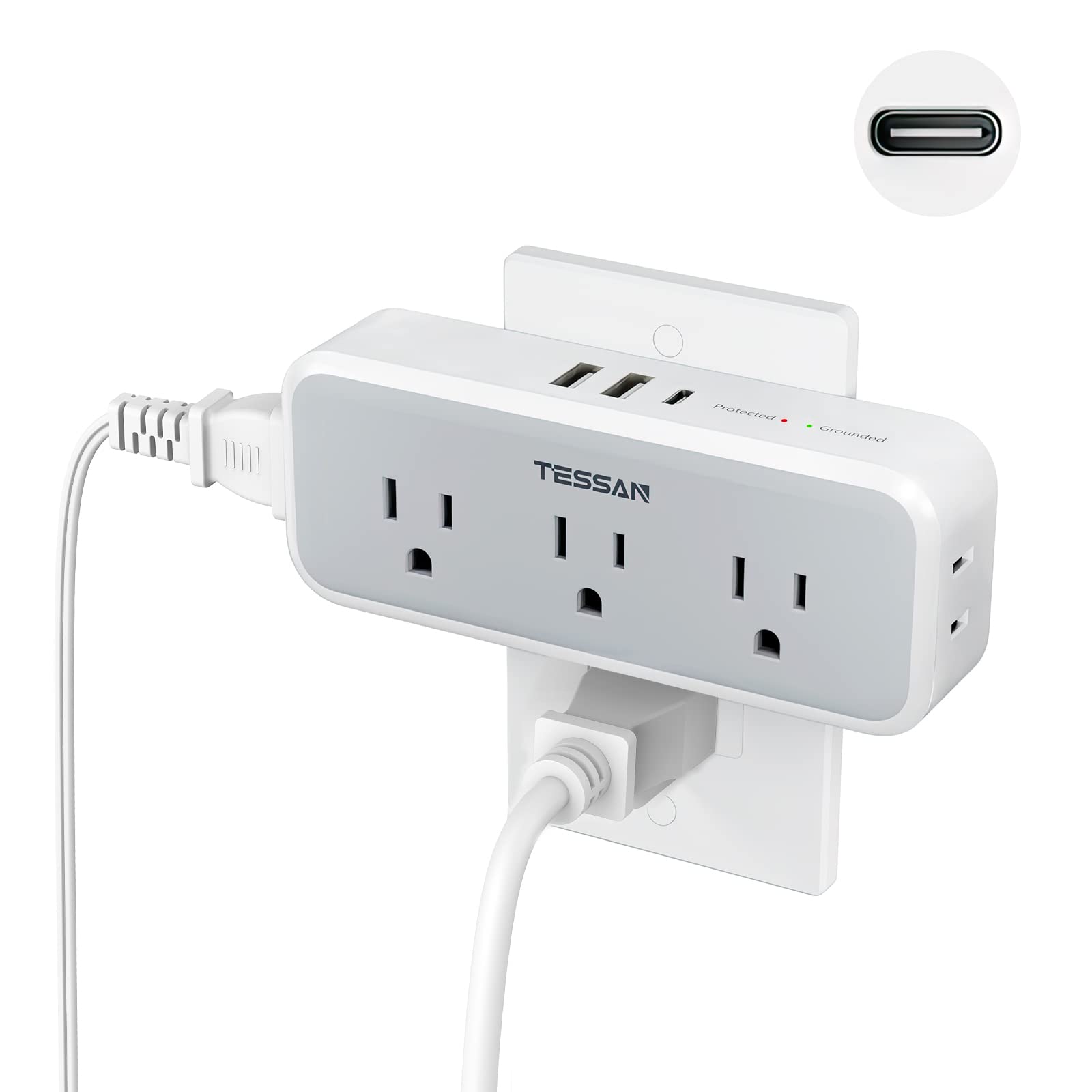 TESSAN Multi Plug Outlet Extender, USB C Wall Charger, TESSAN Wall Plug Splitter with 5 Outlets and 3 USB, Electrical Power Expander with Surge Protector