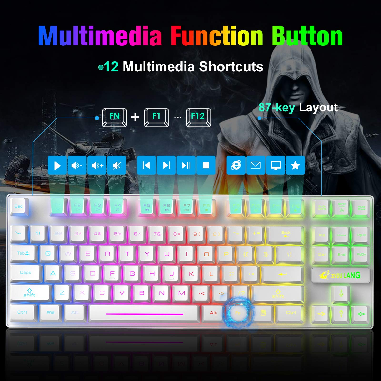 LexonElec LexonElec Wireless RGB Backlit Gaming Keyboard and Mouse Combo with Rechargeable Battery and 87-Key Mechanical Feel for Gamers and Office Use White - View 4 of 9
