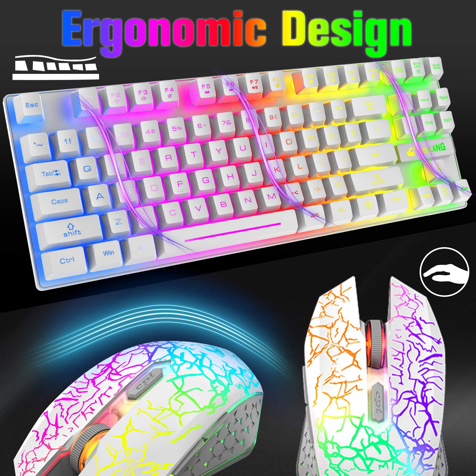 LexonElec LexonElec Wireless RGB Backlit Gaming Keyboard and Mouse Combo with Rechargeable Battery and 87-Key Mechanical Feel for Gamers and Office Use White - View 6 of 9