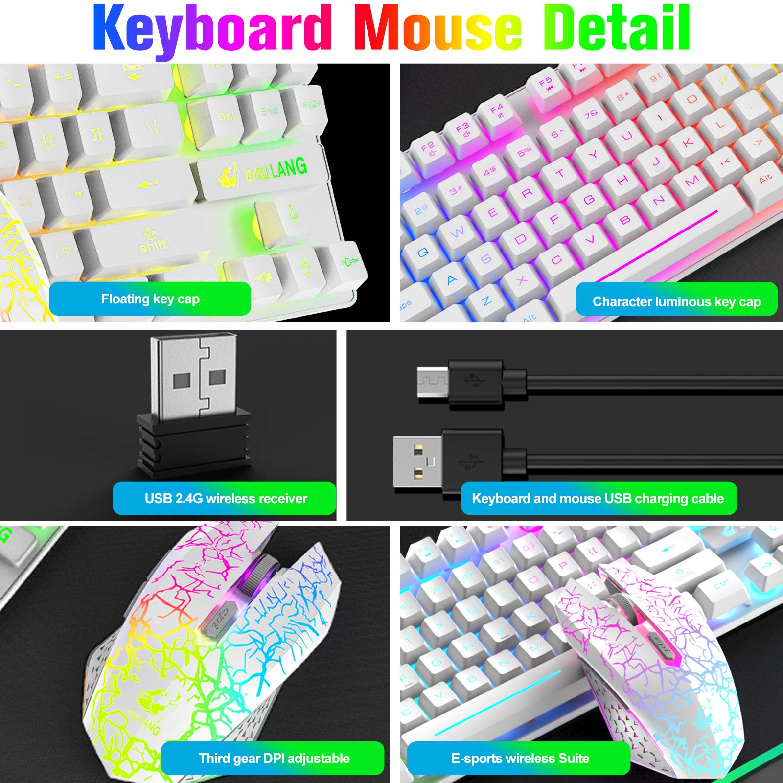 LexonElec LexonElec Wireless RGB Backlit Gaming Keyboard and Mouse Combo with Rechargeable Battery and 87-Key Mechanical Feel for Gamers and Office Use White - View 7 of 9