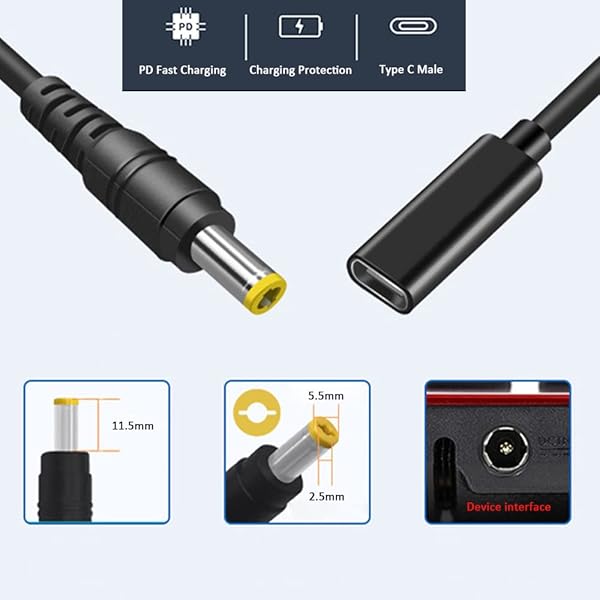 vienon Vienon Type C USB-C Female to DC 5.5X2.5mm Power PD Charge Cable for Laptop 18-20V Black - View 2 of 7