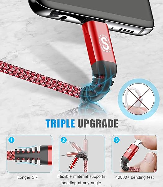 sweguard Sweguard USB Type C Cable 3-Pack Fast Charger Nylon Braided Cord for Samsung Galaxy Google Pixel LG Moto Red 3.3ft 6.6ft 10ft - View 5 of 8