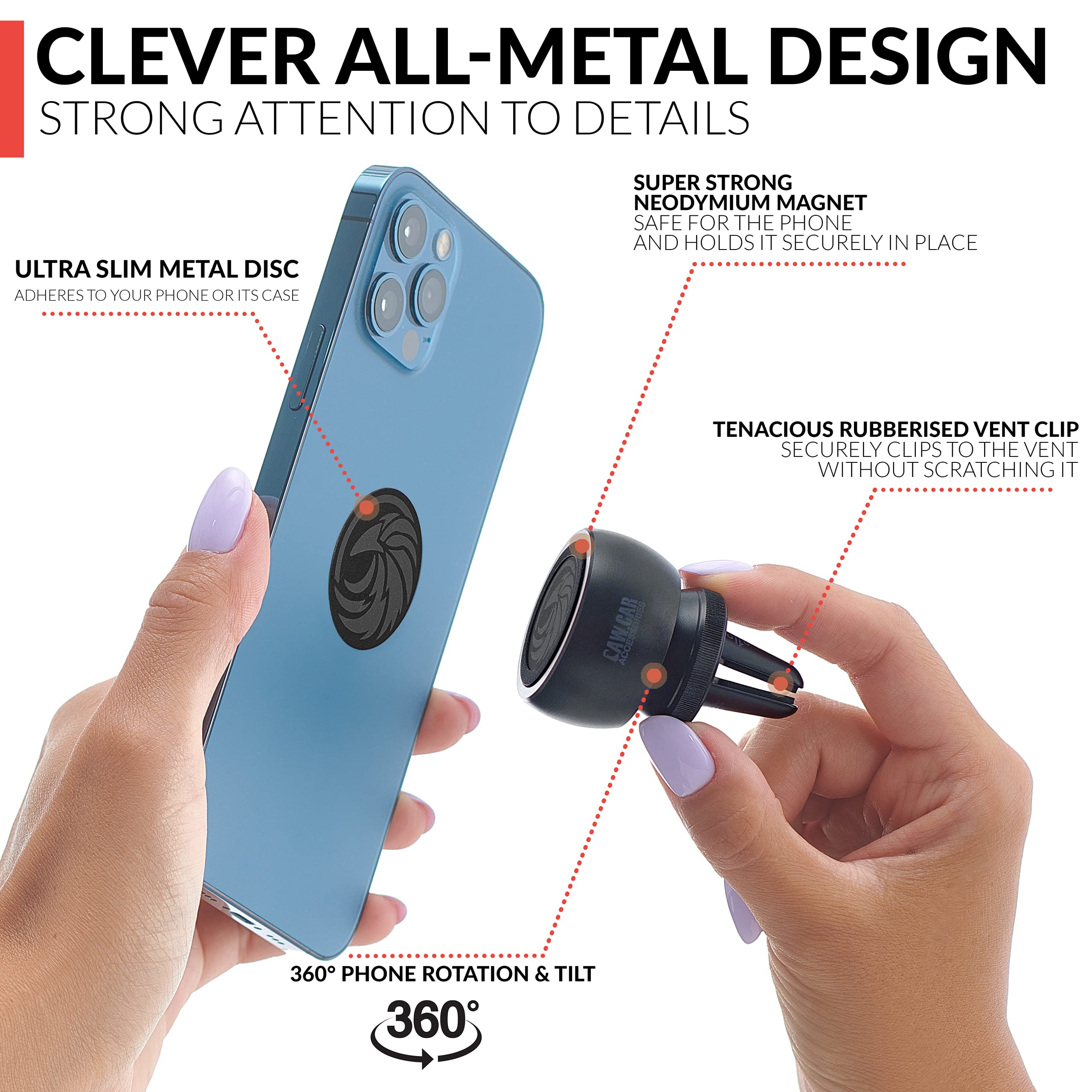 CAW.CAR Accessories New 2025 Magnetic Air Vent Phone Mount for Car - for Any Smartphone (iPhone, Android Cell Phone, GPS) | Stylish All-Metal One-Hand and One-Sec Phone - View 4 of 6