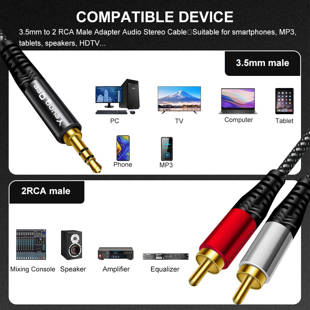 Yeung Qee 3.5mm to 2 RCA Audio Cable 30 ft,Yeung Qee Nylon Braided 3.5mm Male to 2RCA Male Stereo Audio Y Adapter cable AUX RCA Splitter Cord Compatible with - View 3 of 7