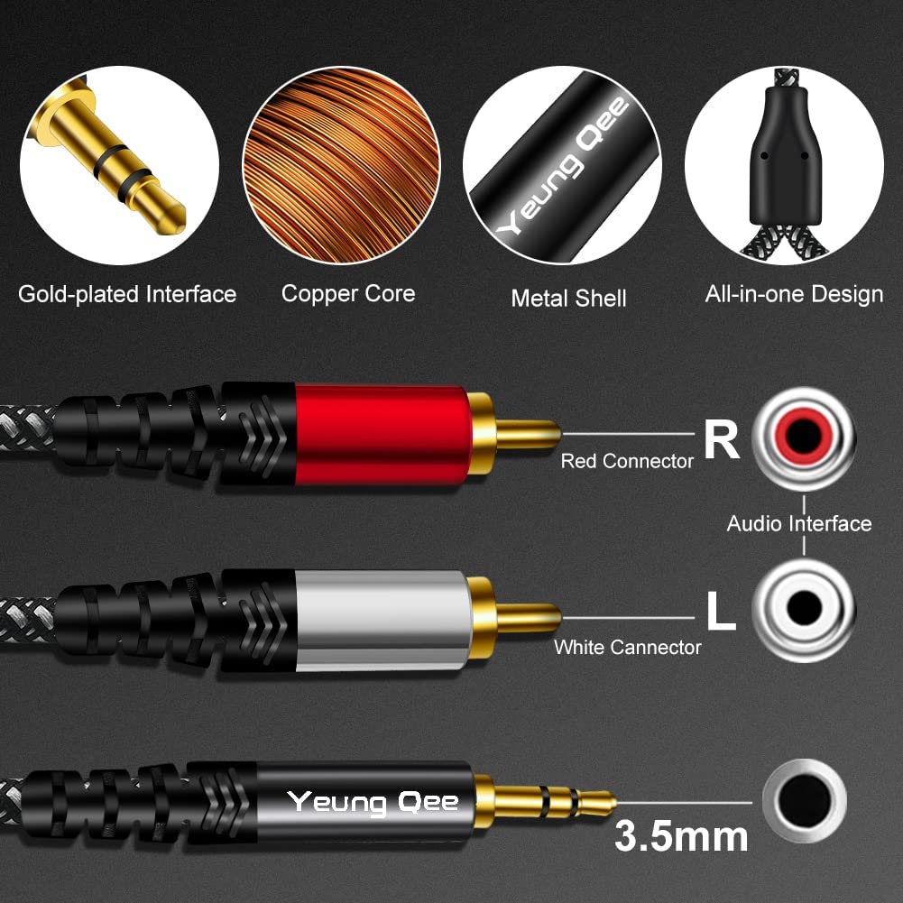 Yeung Qee 3.5mm to 2 RCA Audio Cable 15 ft,Yeung Qee Nylon Braided 3.5mm Male to 2RCA Male Stereo Audio Y Adapter cable AUX RCA Splitter Cord Compatible with - View 4 of 7