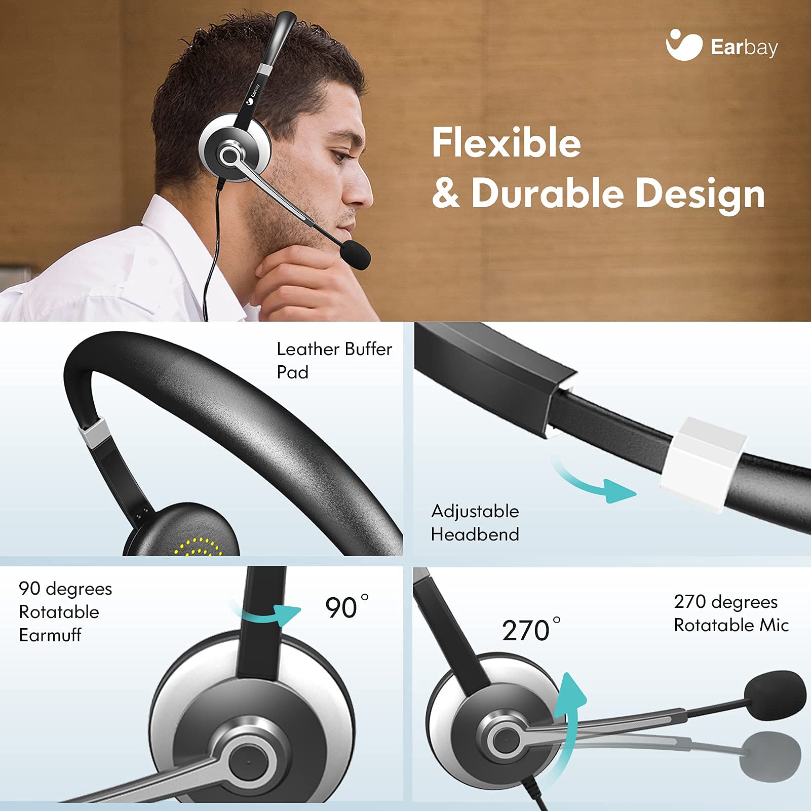 Earbay USB Headset with Microphone for PC and Laptop Noise Cancelling On-Ear Wired Headphones with Volume Control for Calls and Meetings - View 4 of 7