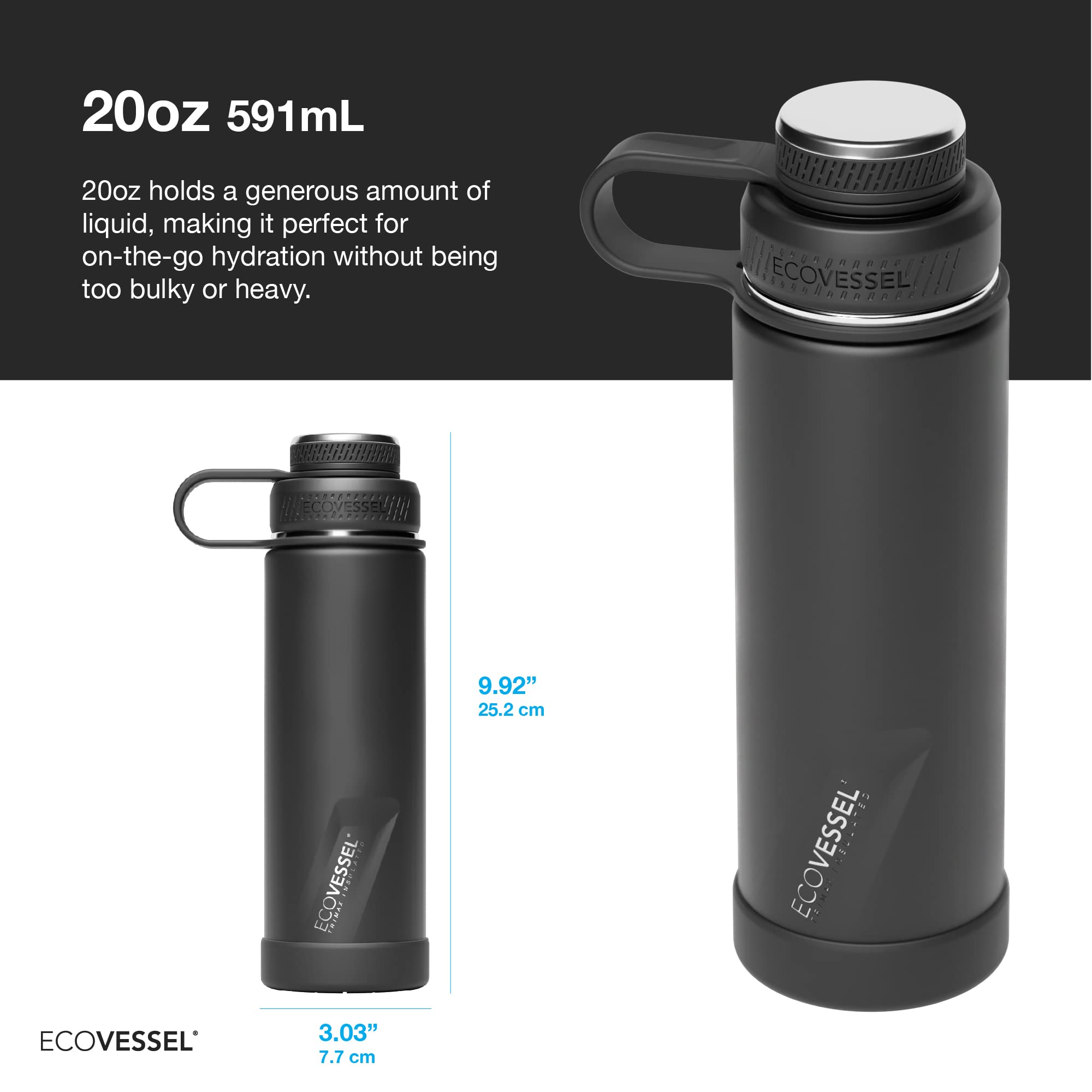 EcoVessel EcoVessel Stainless Steel Water Bottle with Insulated Dual Lid, Insulated Water Bottle with Strainer and Silicone Bottle Bumper, Coffee Mug 20oz - View 2 of 5