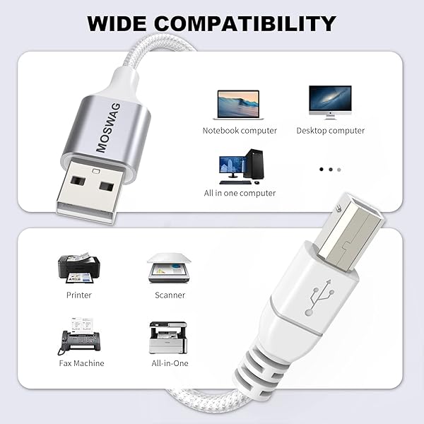 MOSWAG MOSWAG 16.4FT USB Printer Cable High Speed Type A to B Compatible with HP Canon Epson Dell Lexmark Brother Xerox Samsung and More - View 2 of 6