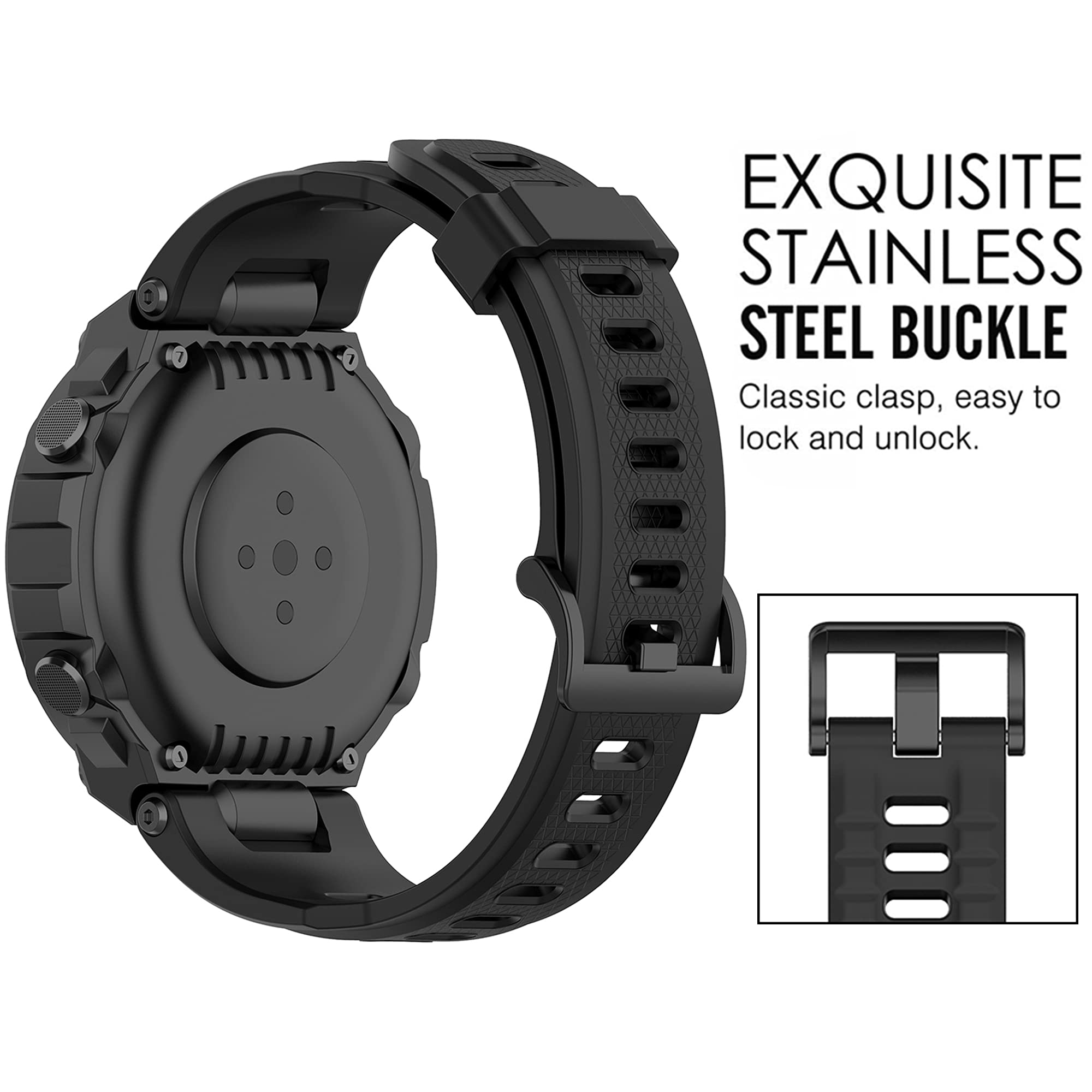 QGHXO QGHXO Silicone Replacement Band for Amazfit T-Rex and T-Rex Pro Smartwatch Black 126mm - View 3 of 7