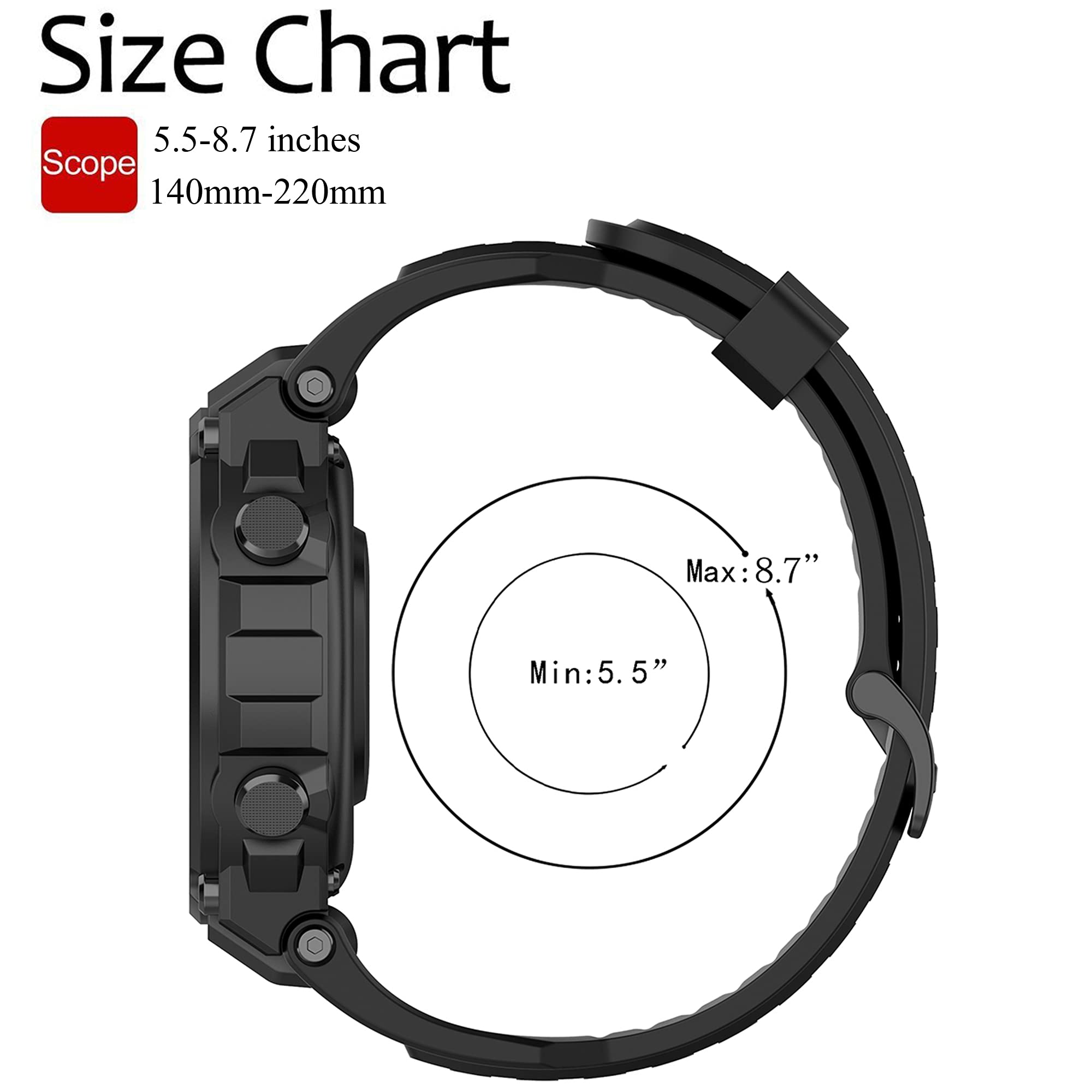 QGHXO QGHXO Silicone Replacement Band for Amazfit T-Rex and T-Rex Pro Smartwatch Black 126mm - View 5 of 7