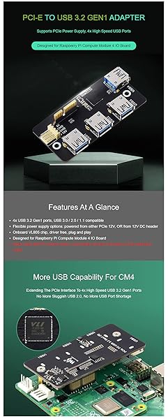 Coolwell PCIe to USB 3.2 Gen1 Adapter for Raspberry Pi CM4 with 4 High Speed USB Ports Compatible with USB 3.0 2.0 1.1 - View 3 of 7