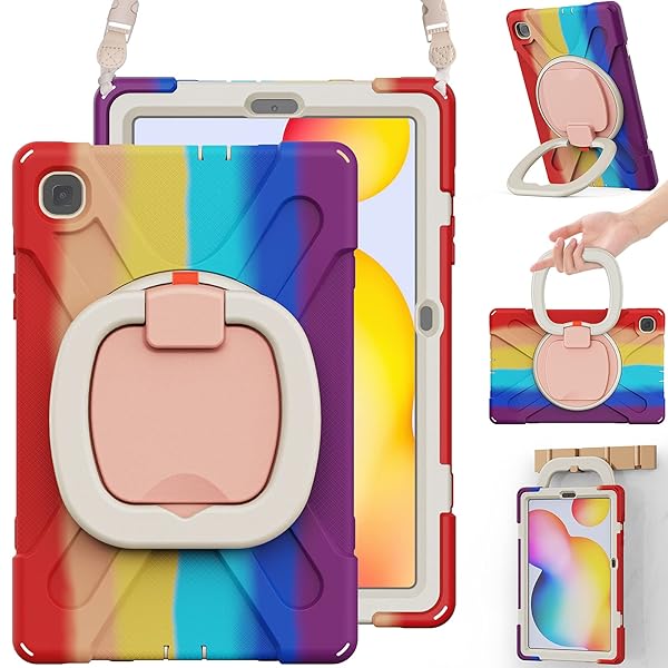 BRAECN Samsung Galaxy Tab S6 Lite Case with S Pen Holder Durable Silicone Three Layer Design with Kickstand and Shoulder Strap Colorful Red