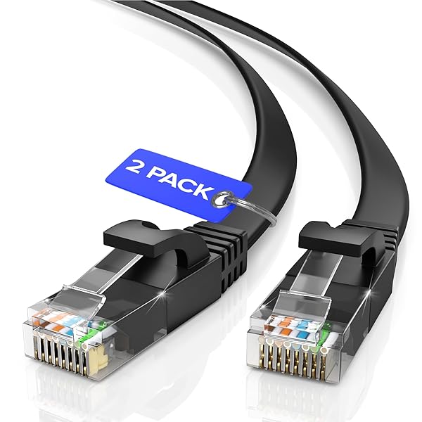 Cat6 Ethernet Cable 25ft 2-Pack Black Flat High-Speed Network Cables for Gaming Streaming Router Modem PC PS5 Xbox Durable Space-Saving Design