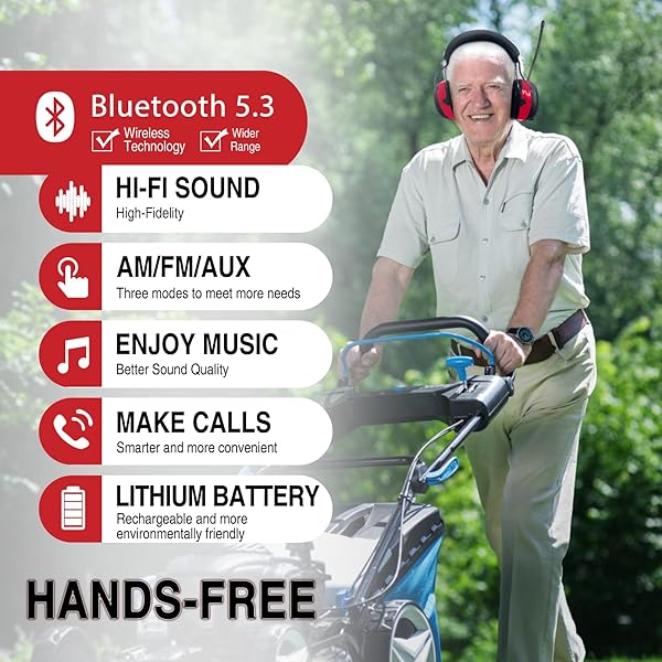 ZOHAN ZOHAN 033 Bluetooth 5.0 AM FM Radio Headphones with 25dB NRR Hearing Protection for Lawn Mowing Red - View 5 of 8