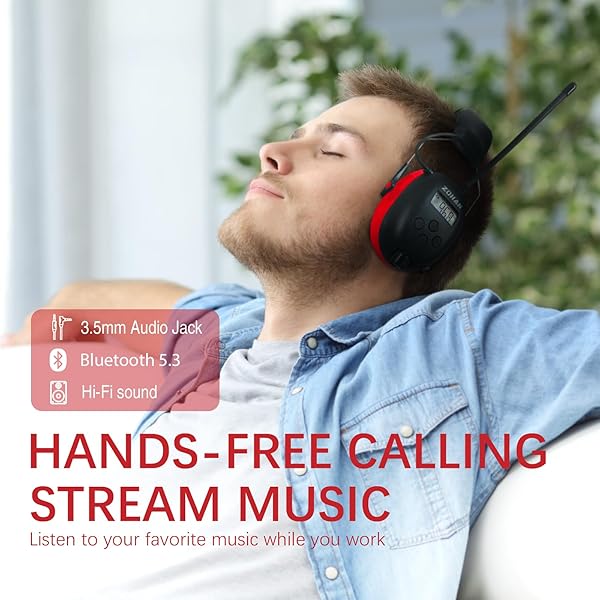 ZOHAN ZOHAN 033 Bluetooth 5.0 AM FM Radio Headphones with 25dB NRR Hearing Protection for Lawn Mowing Red - View 8 of 8