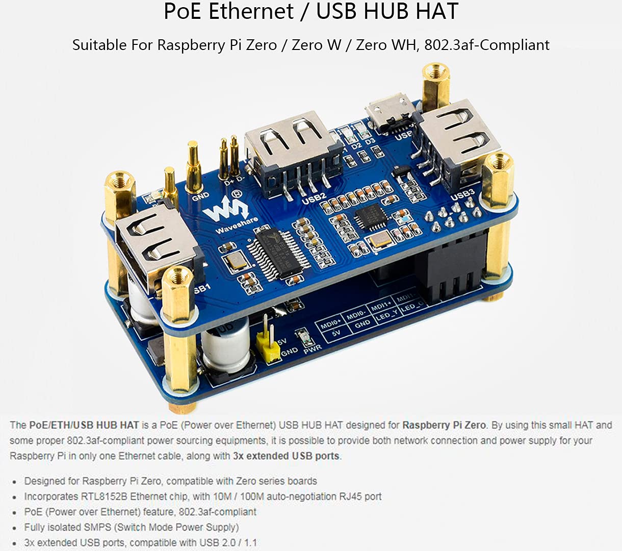 Power Over Ethernet PoE Ethernet USB HUB HAT for Raspberry Pi Zero Zero W Zero WH with 3 USB 2.0 Ports and RJ45 Ethernet Port - View 2 of 7