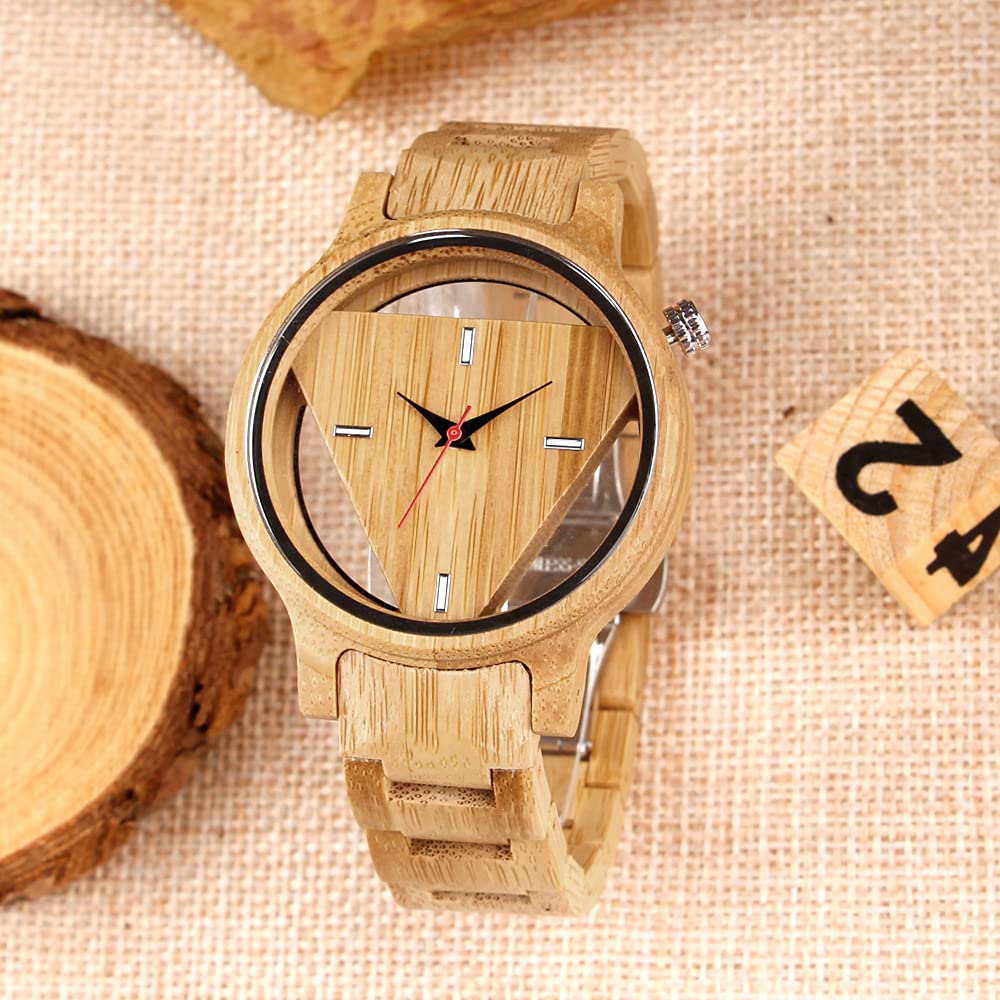 Tiong Mens Wooden Watch Triangle Skeleton Dial Full Wood Strap Quartz 42mm Brown 18mm Band Push Button Hidden Clasp - View 2 of 7