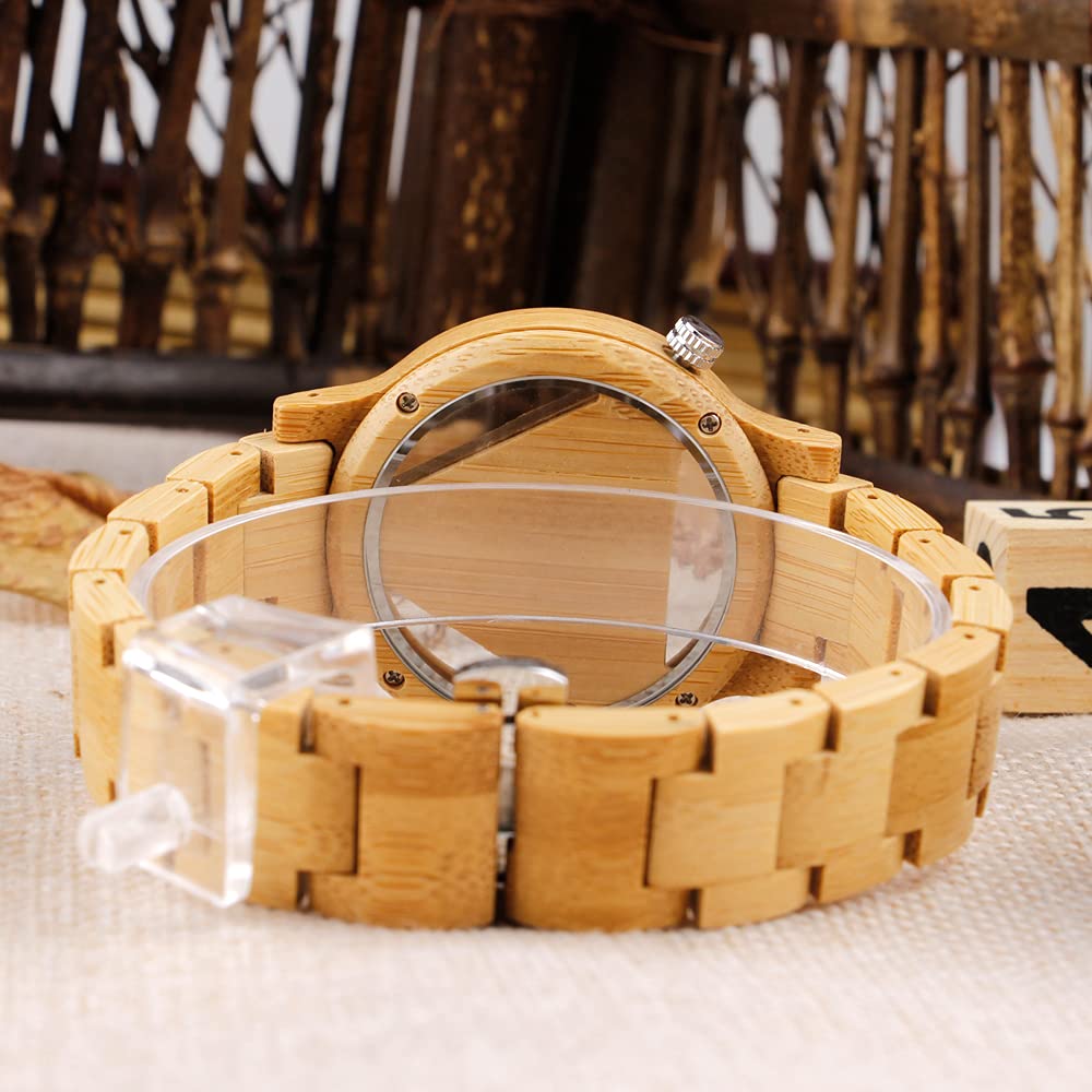Tiong Mens Wooden Watch Triangle Skeleton Dial Full Wood Strap Quartz 42mm Brown 18mm Band Push Button Hidden Clasp - View 4 of 7