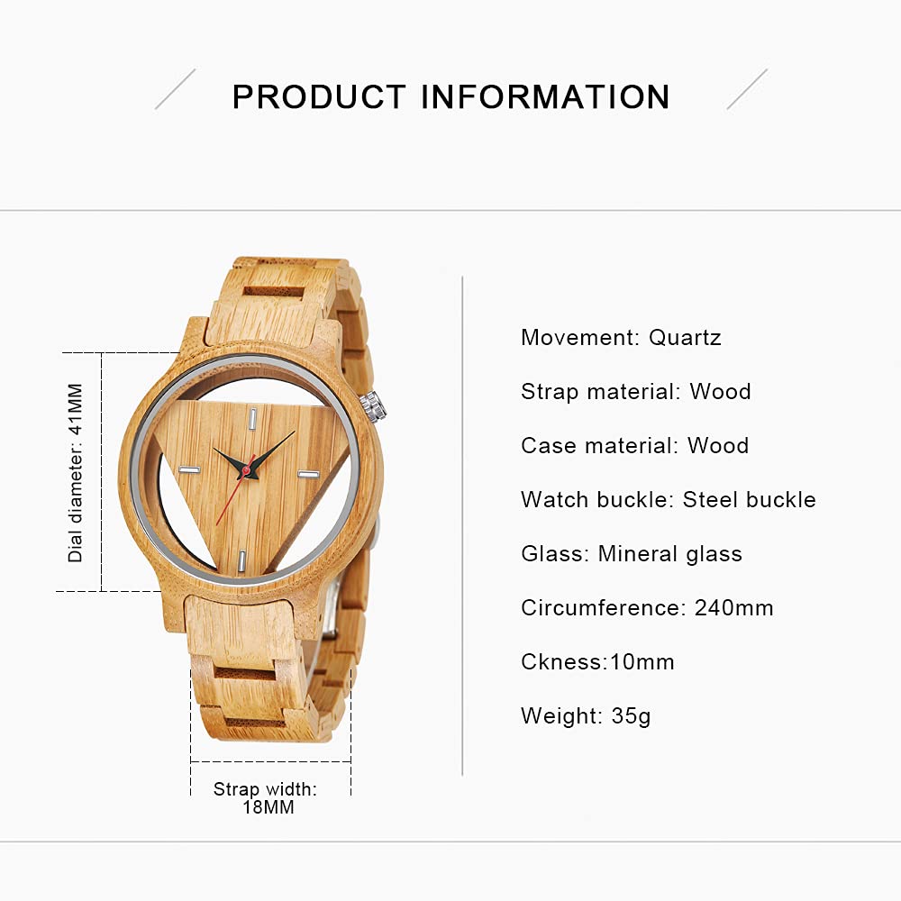 Tiong Mens Wooden Watch Triangle Skeleton Dial Full Wood Strap Quartz 42mm Brown 18mm Band Push Button Hidden Clasp - View 6 of 7