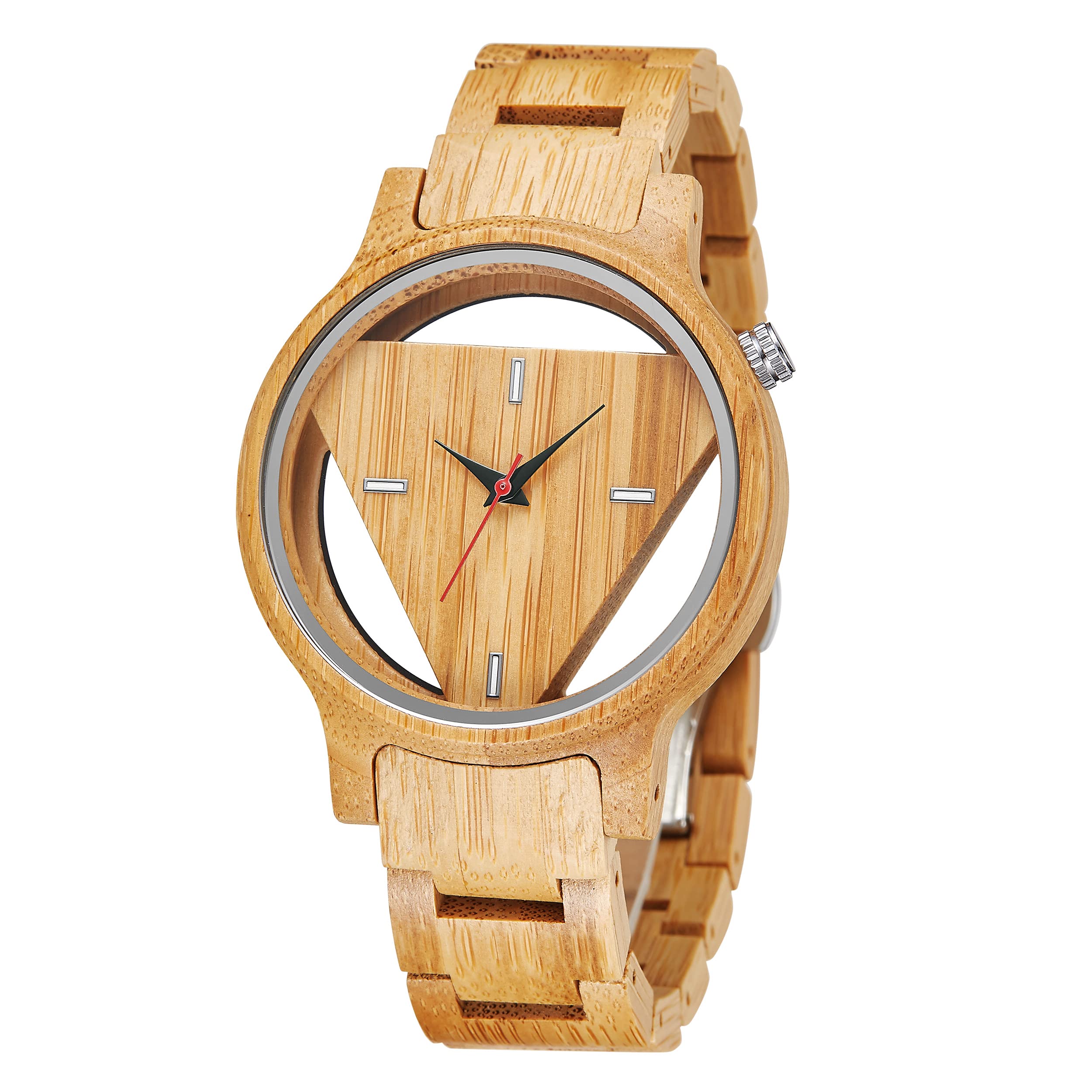 Tiong Mens Wooden Watch Triangle Skeleton Dial Full Wood Strap Quartz 42mm Brown 18mm Band Push Button Hidden Clasp