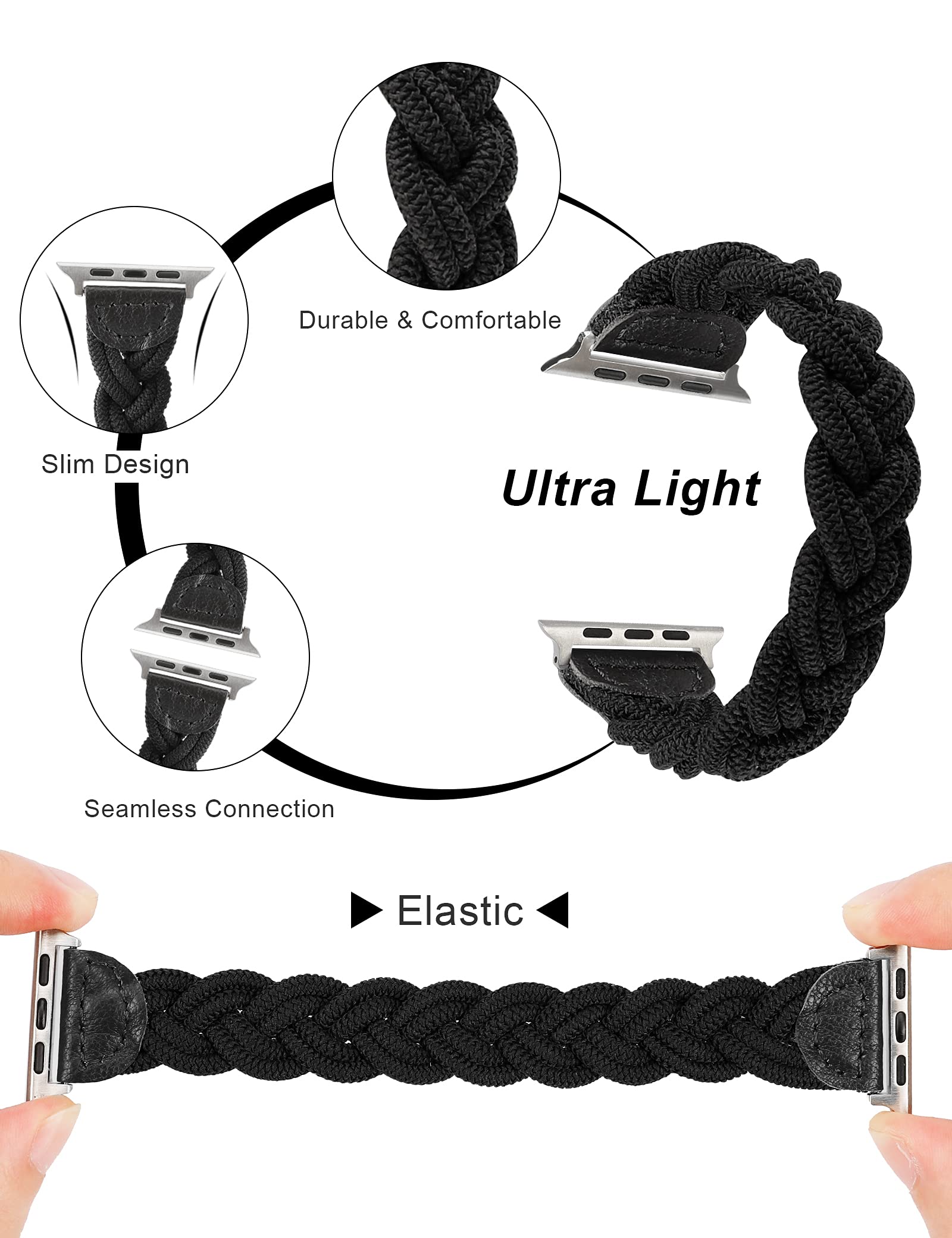 Wearlizer Slim Elastic Braided Apple Watch Band 38mm 40mm 41mm Black Stretchy Woven Replacement Strap for iWatch Series 8 SE 7 6 5 4 3 2 1 - View 2 of 6