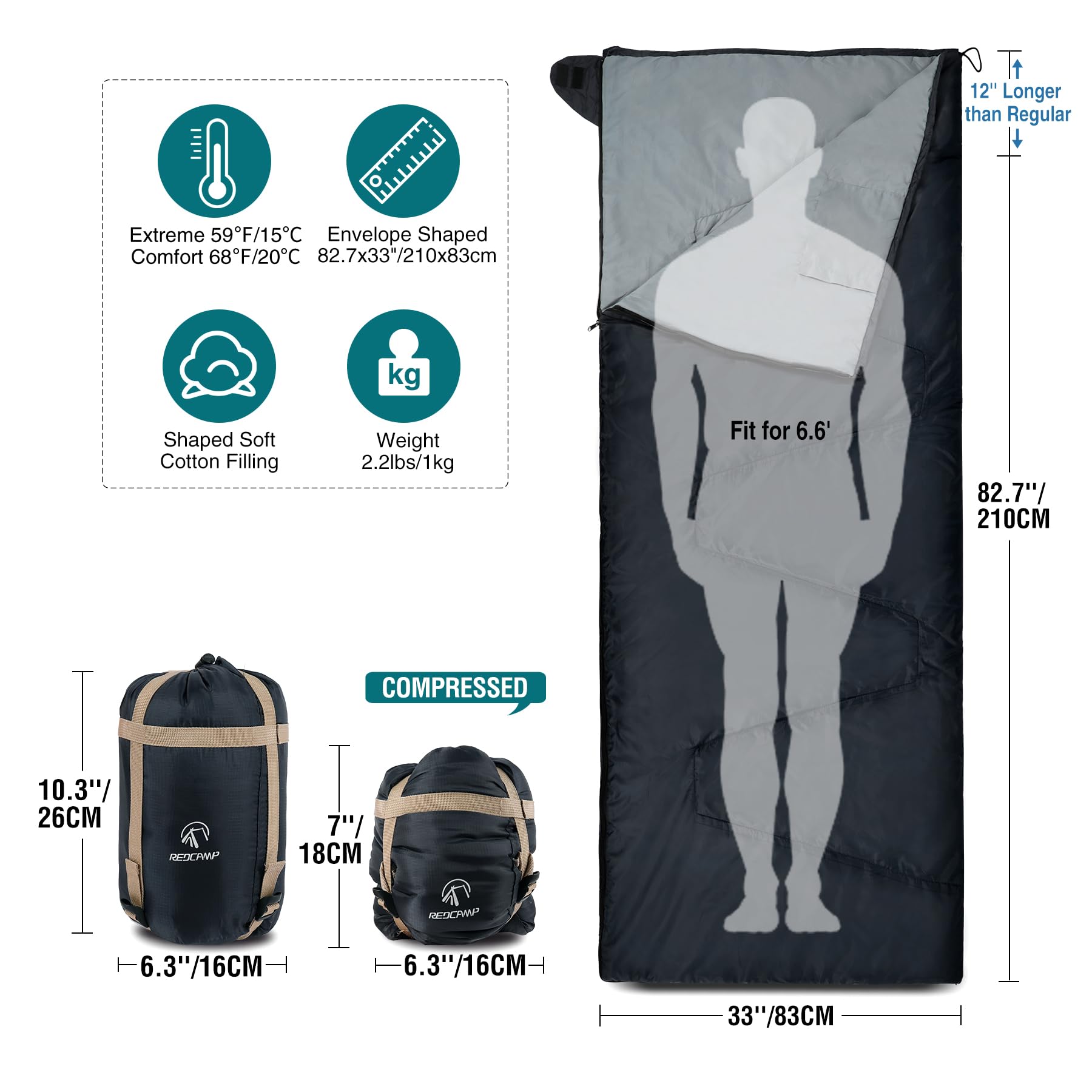 REDCAMP Large Ultra Lightweight Sleeping Bag for Backpacking Comfortable Warm Weather with Compression Sack Black 82.7x33 Inches - View 2 of 9