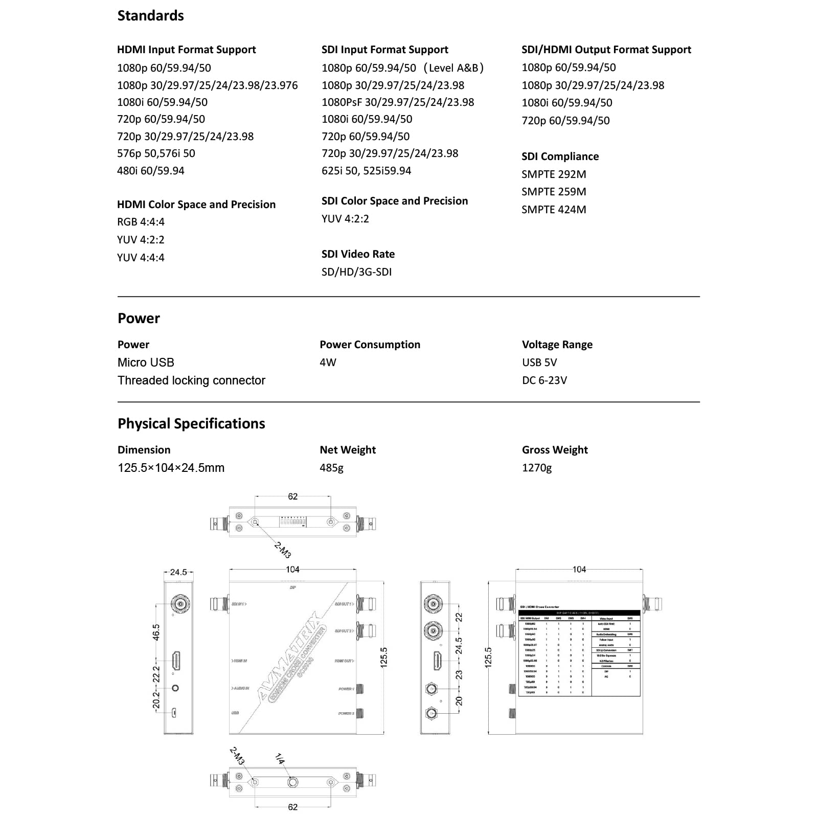 AVMATRIX SC2030 3G-SDI HDMI Scaling Cross Signal Converter with Analog Audio Embedding and DIP Switches - View 8 of 8