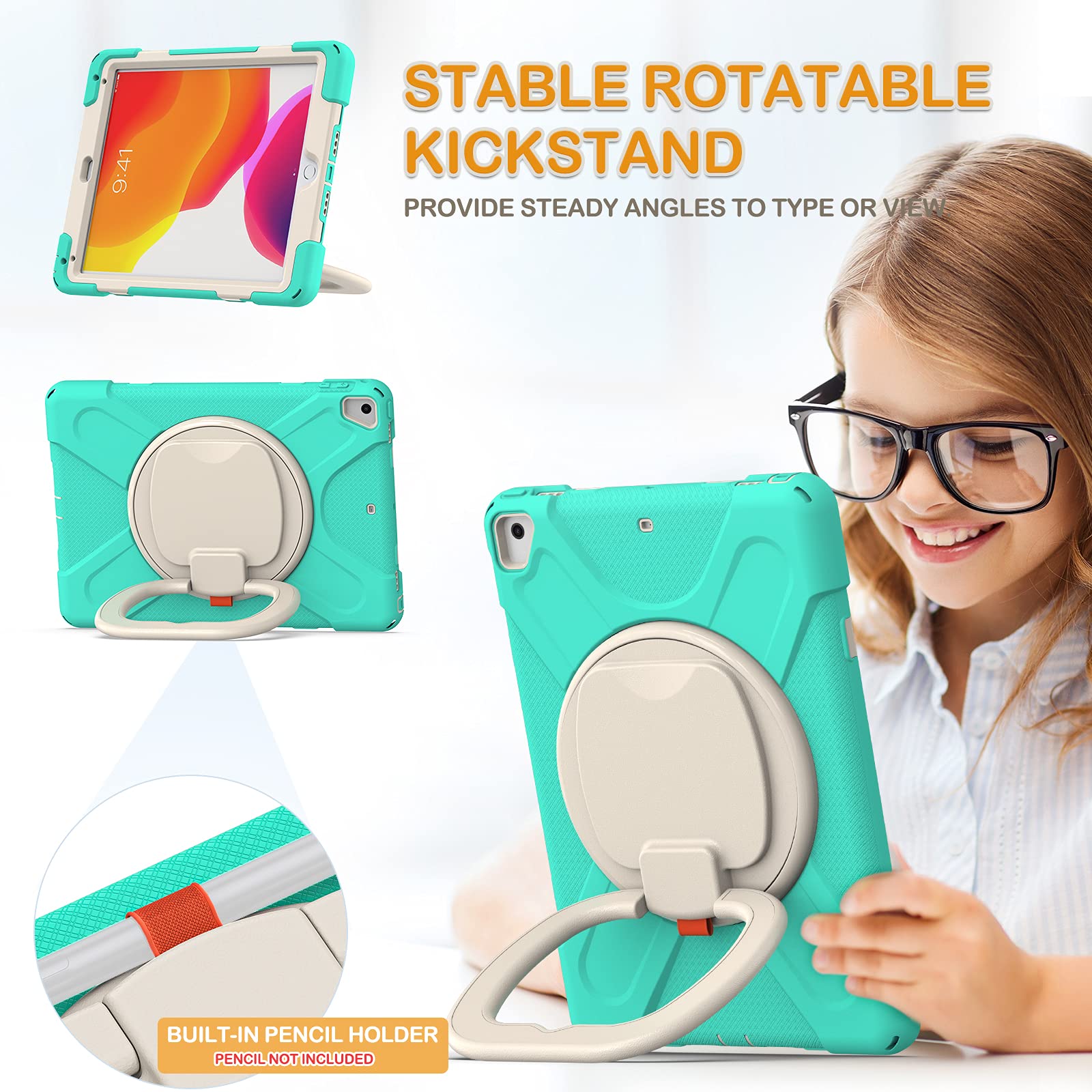 BRAECN Silicone Case for iPad 6th 5th Generation Full Body Protection with Rotating Hand Grip Pencil Holder Kickstand Shoulder Strap Mint Green - View 3 of 6