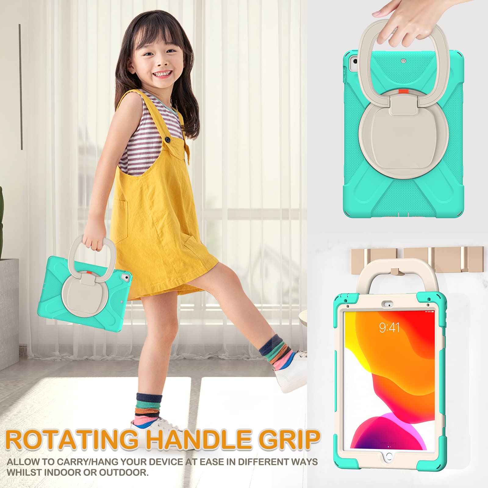 BRAECN Silicone Case for iPad 6th 5th Generation Full Body Protection with Rotating Hand Grip Pencil Holder Kickstand Shoulder Strap Mint Green - View 4 of 6