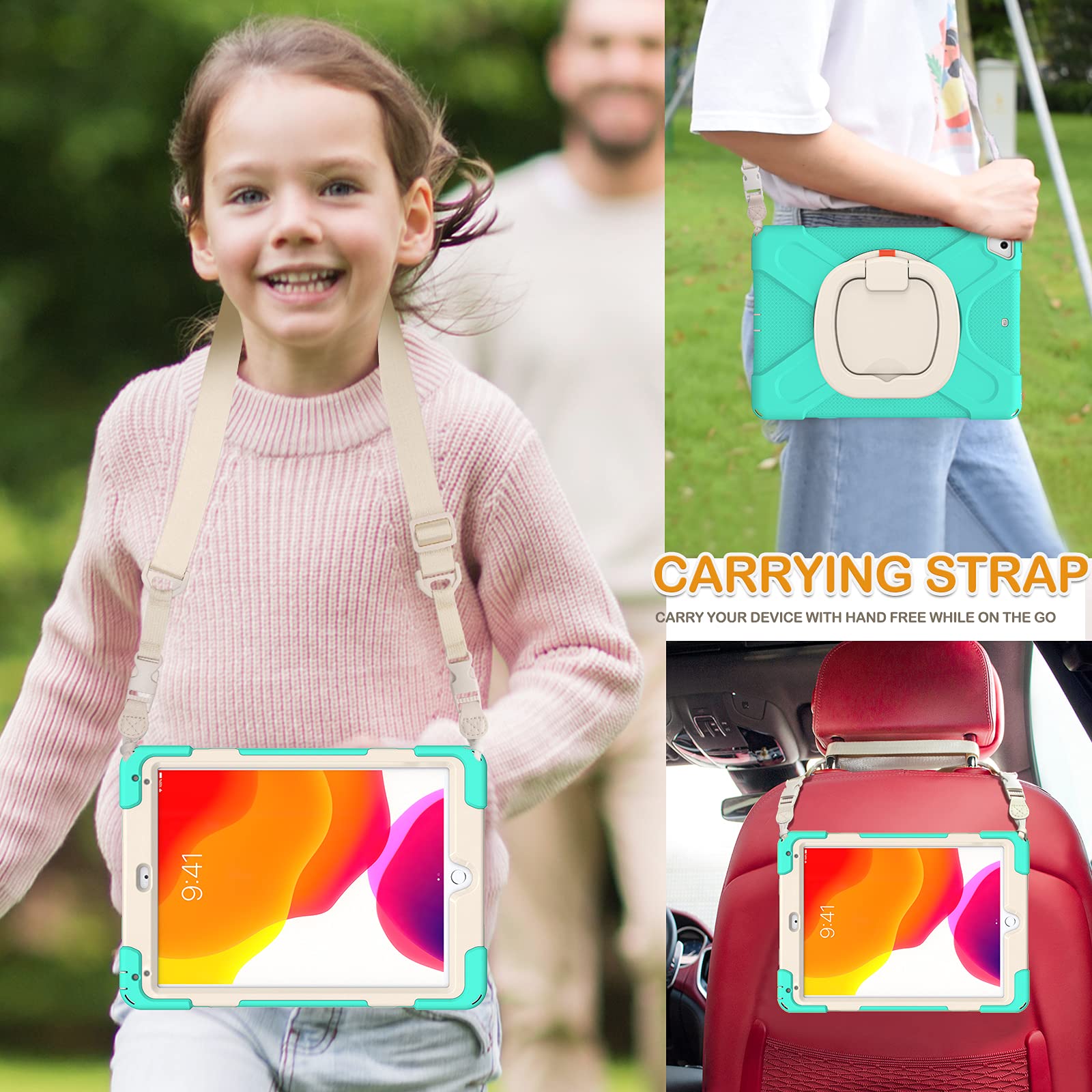 BRAECN Silicone Case for iPad 6th 5th Generation Full Body Protection with Rotating Hand Grip Pencil Holder Kickstand Shoulder Strap Mint Green - View 5 of 6