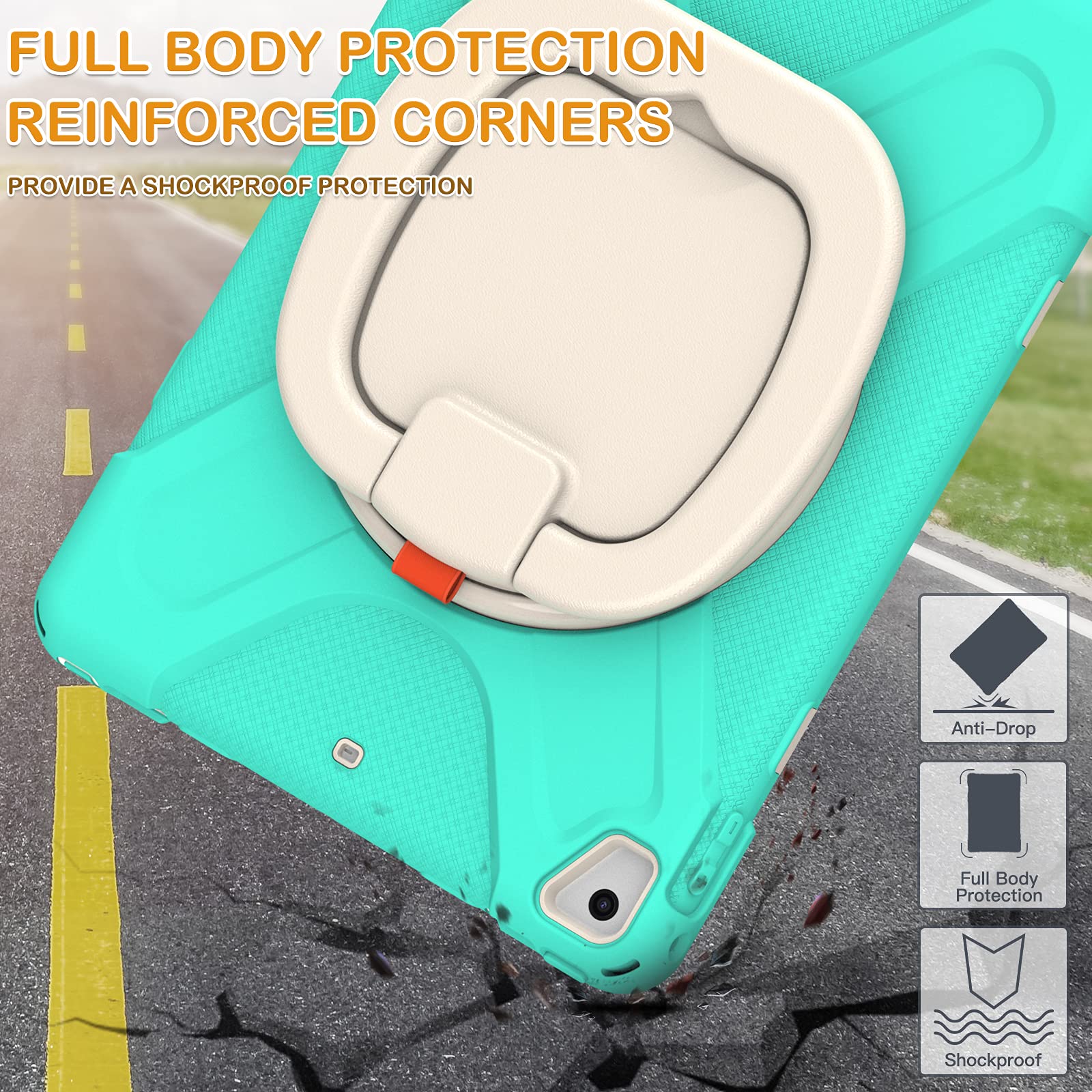 BRAECN Silicone Case for iPad 6th 5th Generation Full Body Protection with Rotating Hand Grip Pencil Holder Kickstand Shoulder Strap Mint Green - View 6 of 6