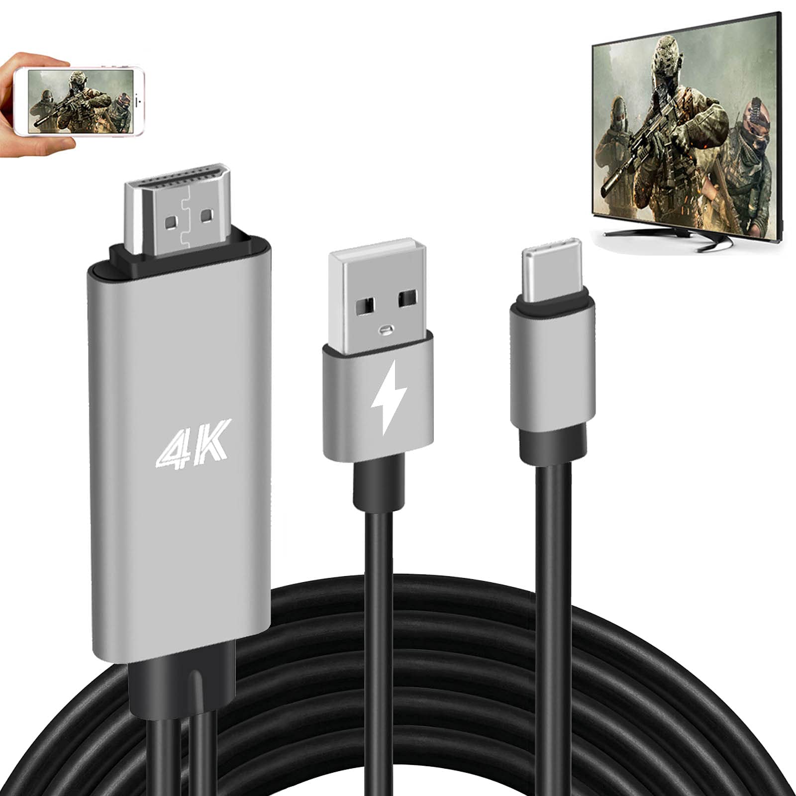 4K HDMI Adapter USB Type C Cable for iMac, MacBook, Samsung Galaxy & Android - Mirror & Charge to TV/Projector