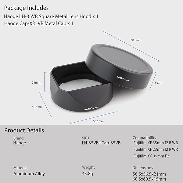 Haoge Haoge Metal Square Bayonet Lens Hood for Fujifilm XF35mmF2 XF23mmF2 with Front Cap Replaces Fujifilm LH-XF35-2 Hood Shade - View 7 of 10