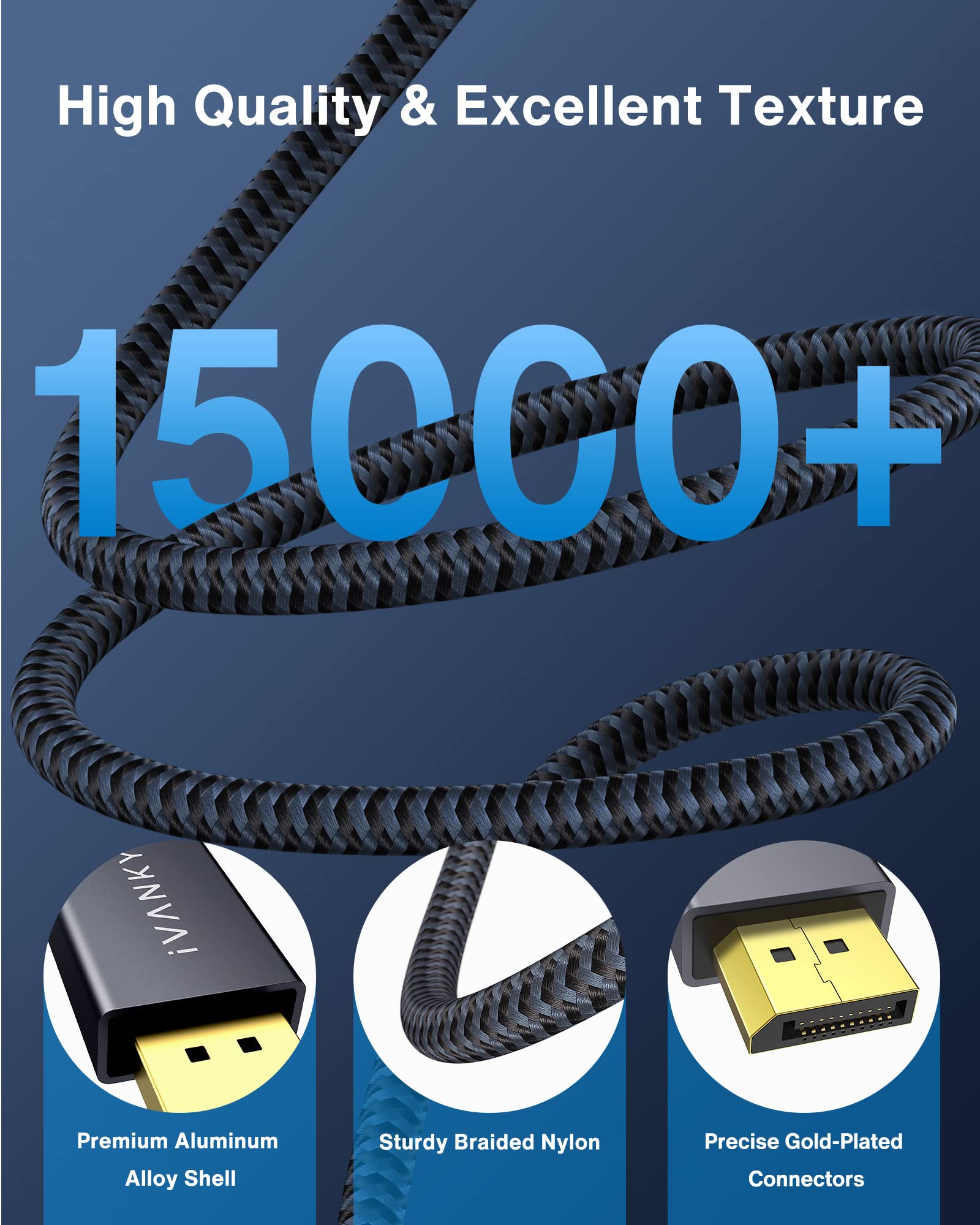 iVANKY 25ft DisplayPort Cable High Speed 4K 60Hz Nylon Braided Compatible with Gaming Monitor TV PC Laptop - View 4 of 6