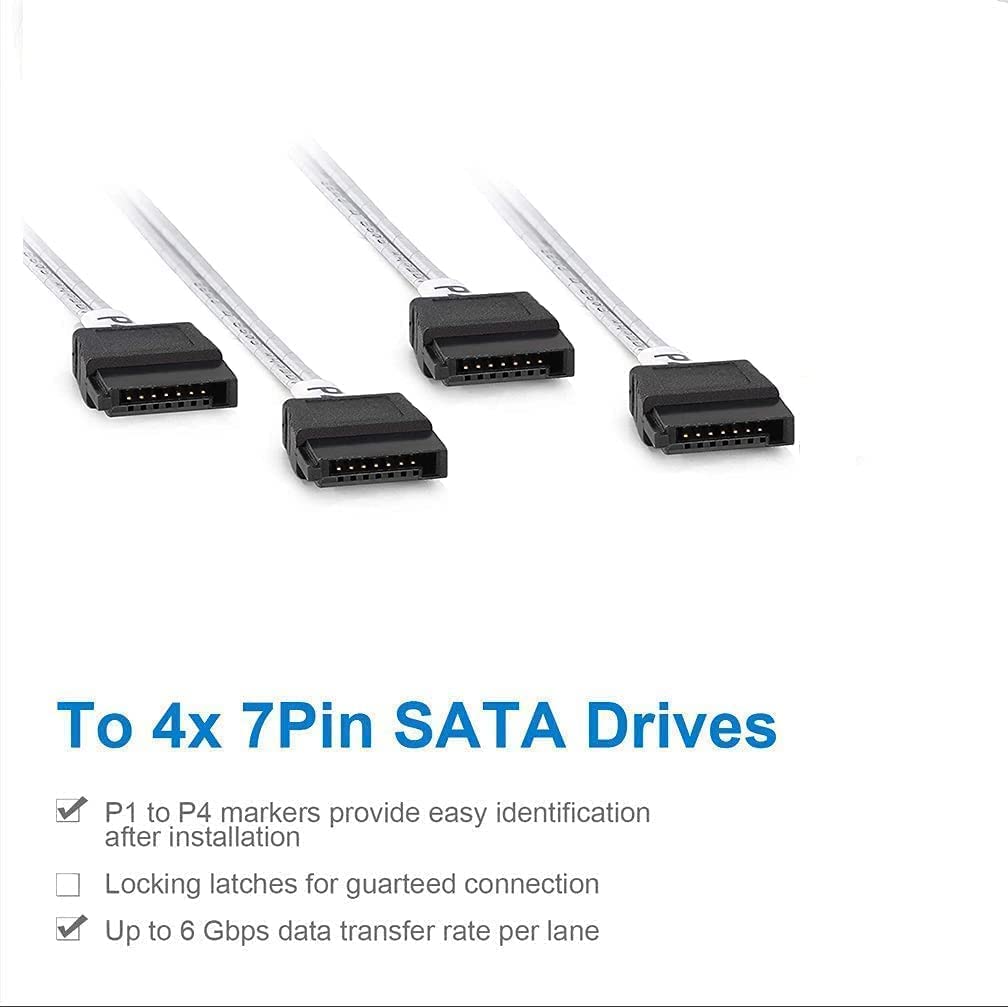 10Gtek 6G Internal Mini SAS 36pin SFF-8087 Male to 4X SATA 7pin Female Breakout Cable 0.8m 2.64ft - View 3 of 8