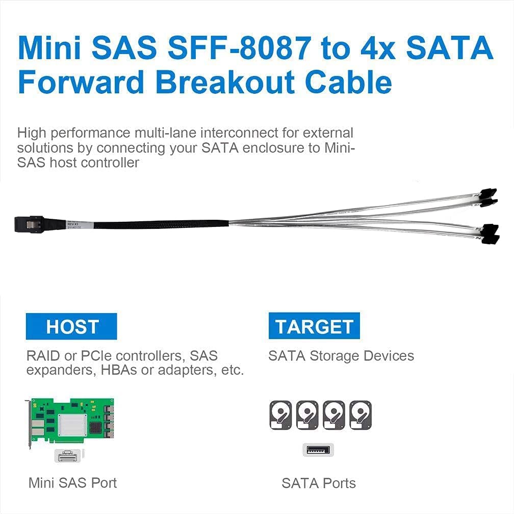 10Gtek 6G Internal Mini SAS 36pin SFF-8087 Male to 4X SATA 7pin Female Breakout Cable 0.8m 2.64ft - View 4 of 8