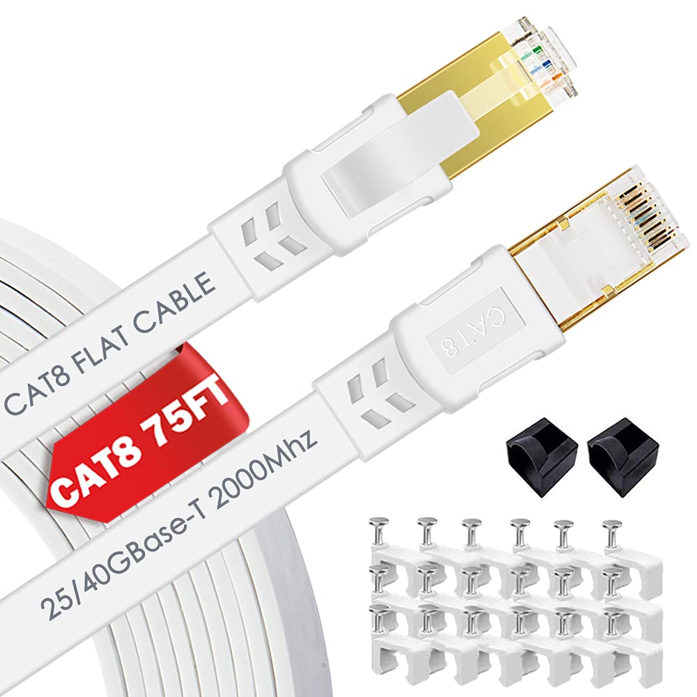 High Speed Cat 8 Ethernet Cable 75 ft 2000Mhz 40Gbps RJ45 for Gaming Xbox PS4 Modem Router Compatible with Cat7 Cat6e Cat5e White