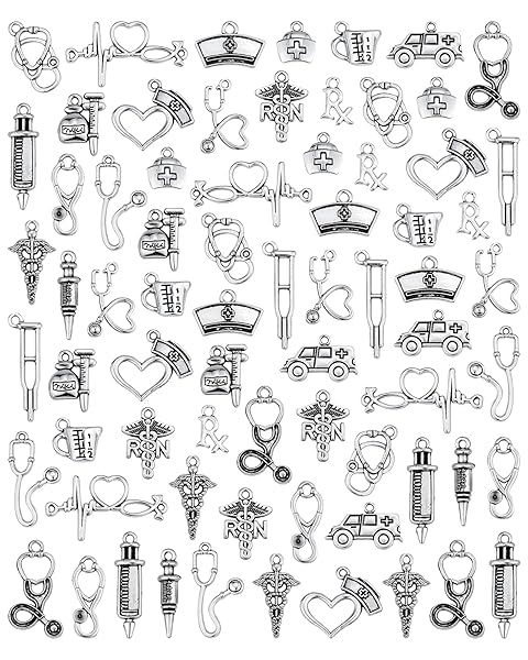 JIALEEY JIALEEY 72 PCS Medical Nurse Charms Stethoscope Syringe Cap Pendants for DIY Necklace Bracelet Jewelry Making Crafting