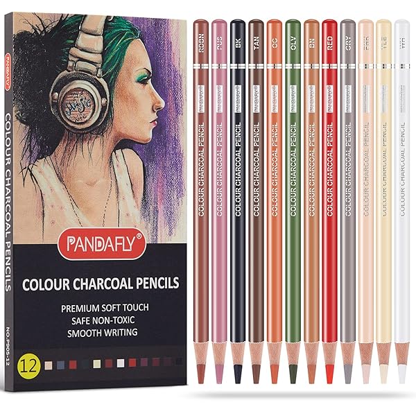 PANDAFLY PANDAFLY 12-Color Professional Colored Charcoal Pencils Set for Sketching, Shading & Blending - Perfect for Artists!