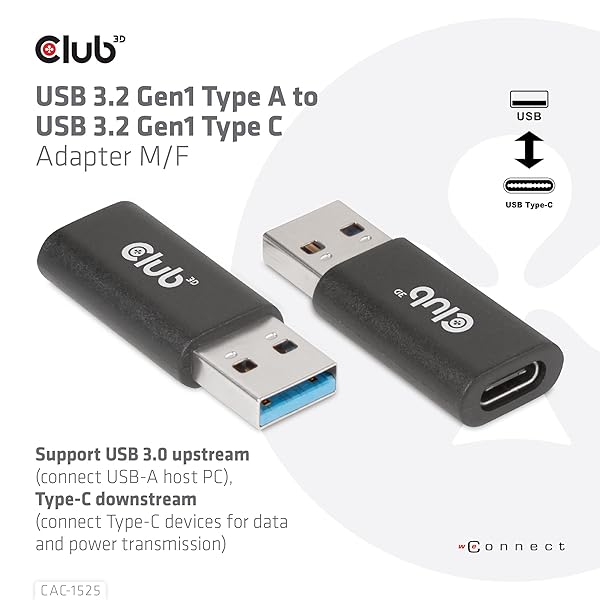 Club 3D Club3D USB 3.2 to USB-C Male Female Adapter Black High Speed Connectivity - View 4 of 8