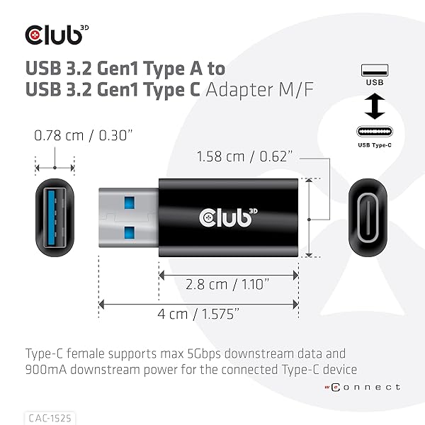 Club 3D Club3D USB 3.2 to USB-C Male Female Adapter Black High Speed Connectivity - View 5 of 8
