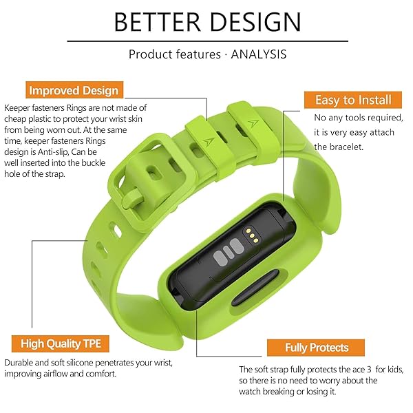 TopPerfekt TopPerfekt Soft Silicone Bands for Fitbit Ace 3 Kids - Waterproof Sports Strap in Lime - View 6 of 8