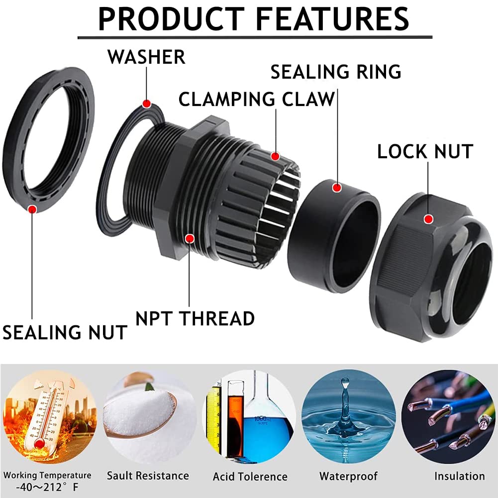 PENGLIN PENGLIN Cable Glands 1 2" NPT Nylon Cable Connector, Strain Relief Cord Connector, IP68 Waterproof Adjustable Locknut(1 2 Inch (50-Pack)) - View 2 of 7