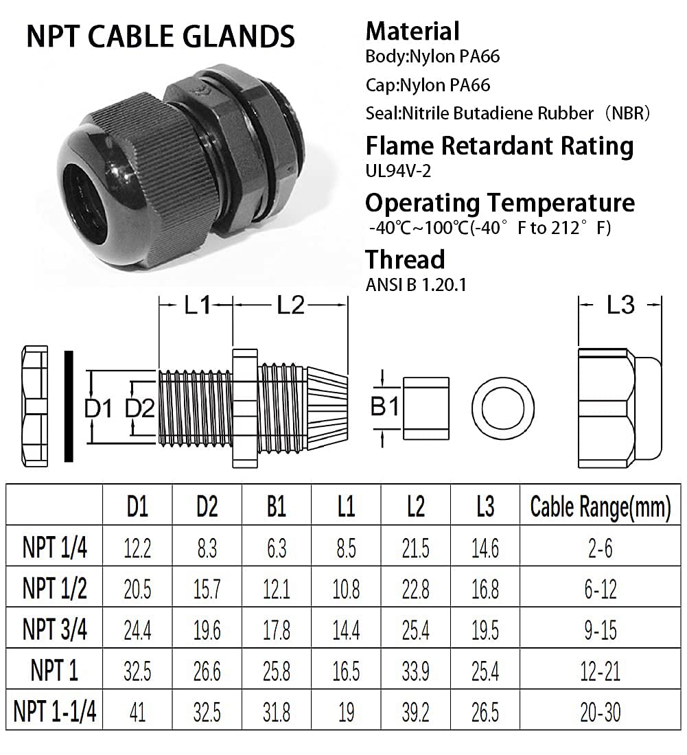 PENGLIN PENGLIN Cable Glands 1 2" NPT Nylon Cable Connector, Strain Relief Cord Connector, IP68 Waterproof Adjustable Locknut(1 2 Inch (50-Pack)) - View 3 of 7