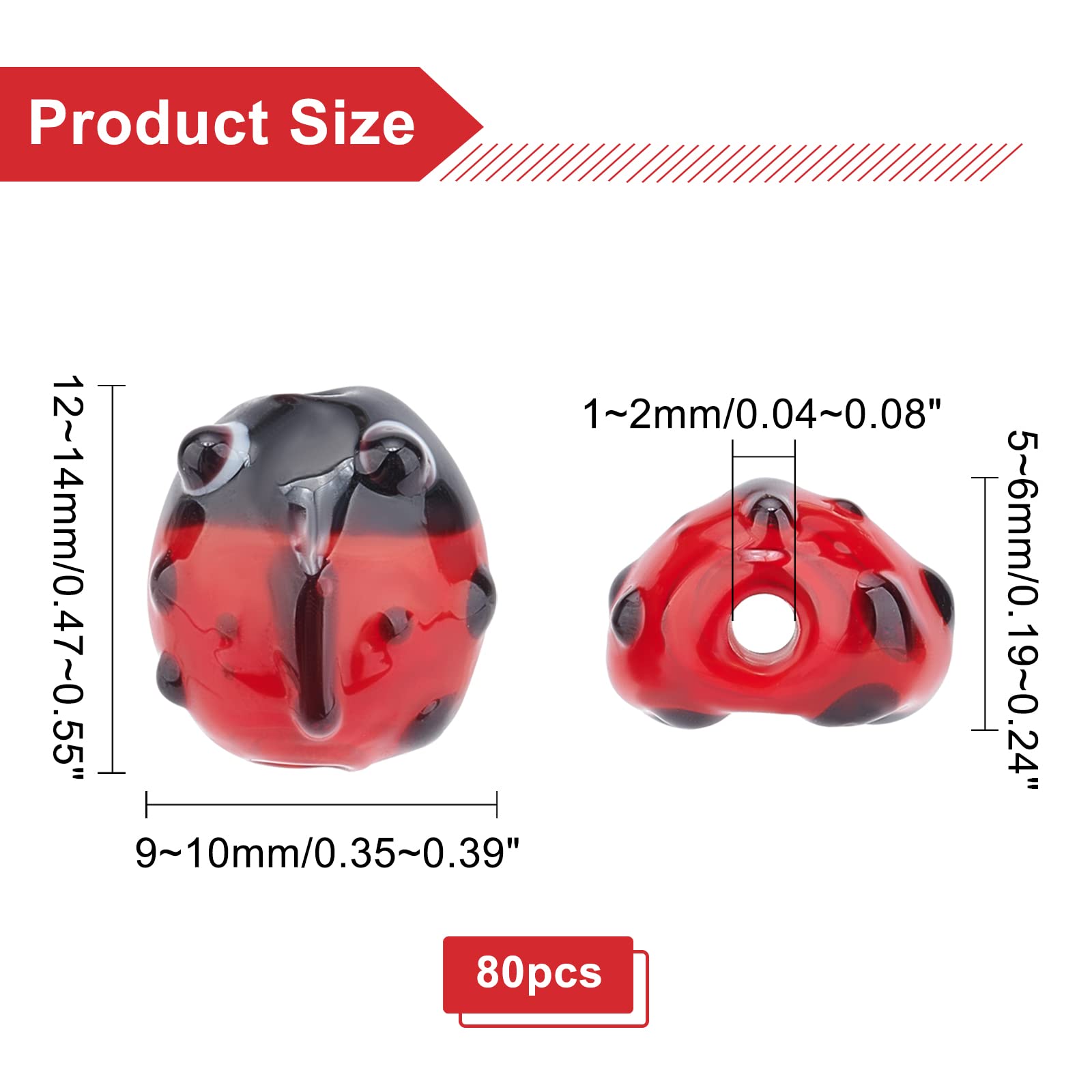OLYCRAFT OLYCRAFT 80PCS Lampwork Beads Handmade Red Ladybug Lampwork Beads Insect Shape Handmade Bead Loose Spacer Bead for Bracket Earrings Necklace Jewelry - View 2 of 7