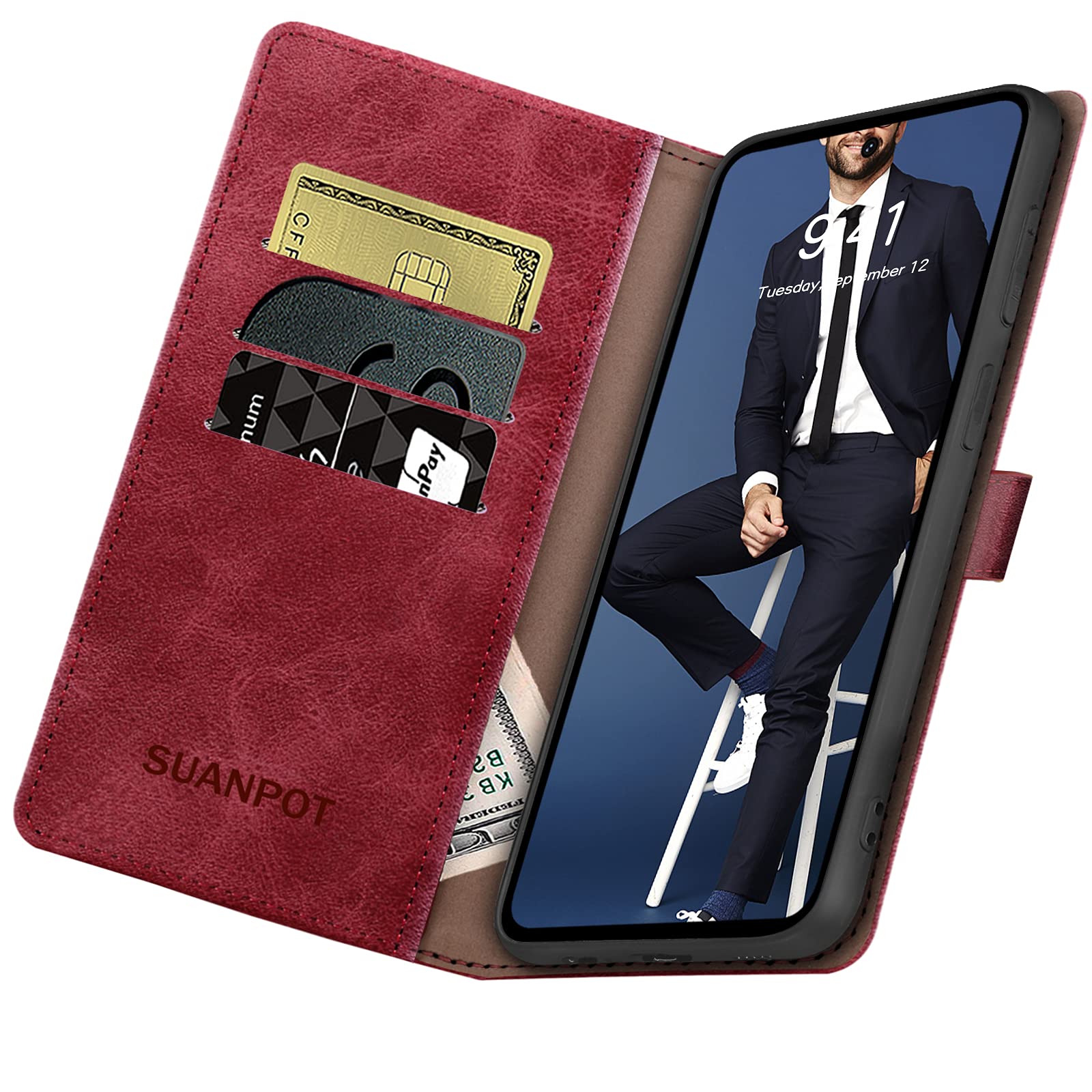 SUANPOT Suanpot Samsung Galaxy S21 FE Wallet Case RFID Blocking Credit Card Holder PU Leather Flip Folio Cover for Men and Women Red - View 5 of 7